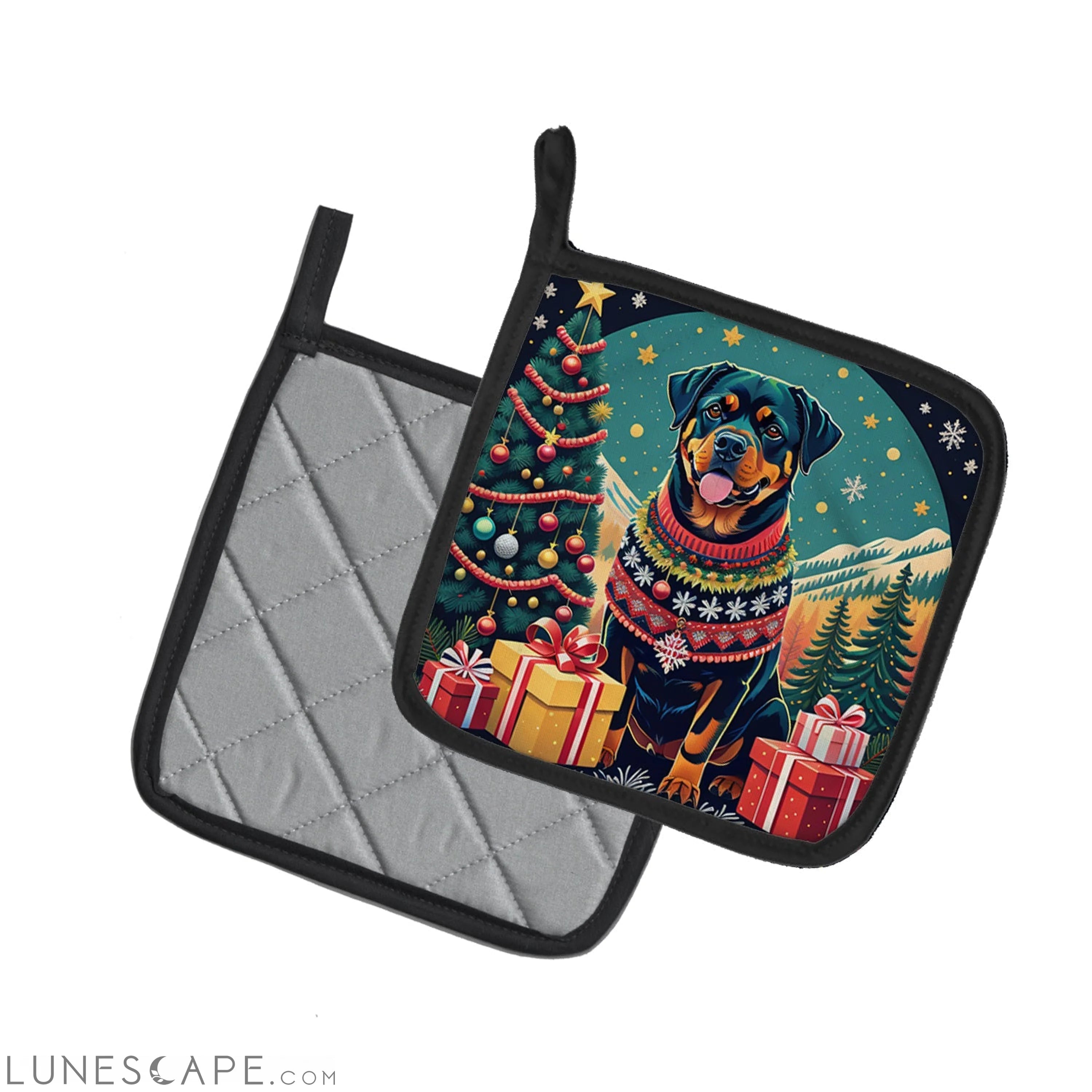 Rottweiler Christmas Pair of Pot Holders LUNESCAPE