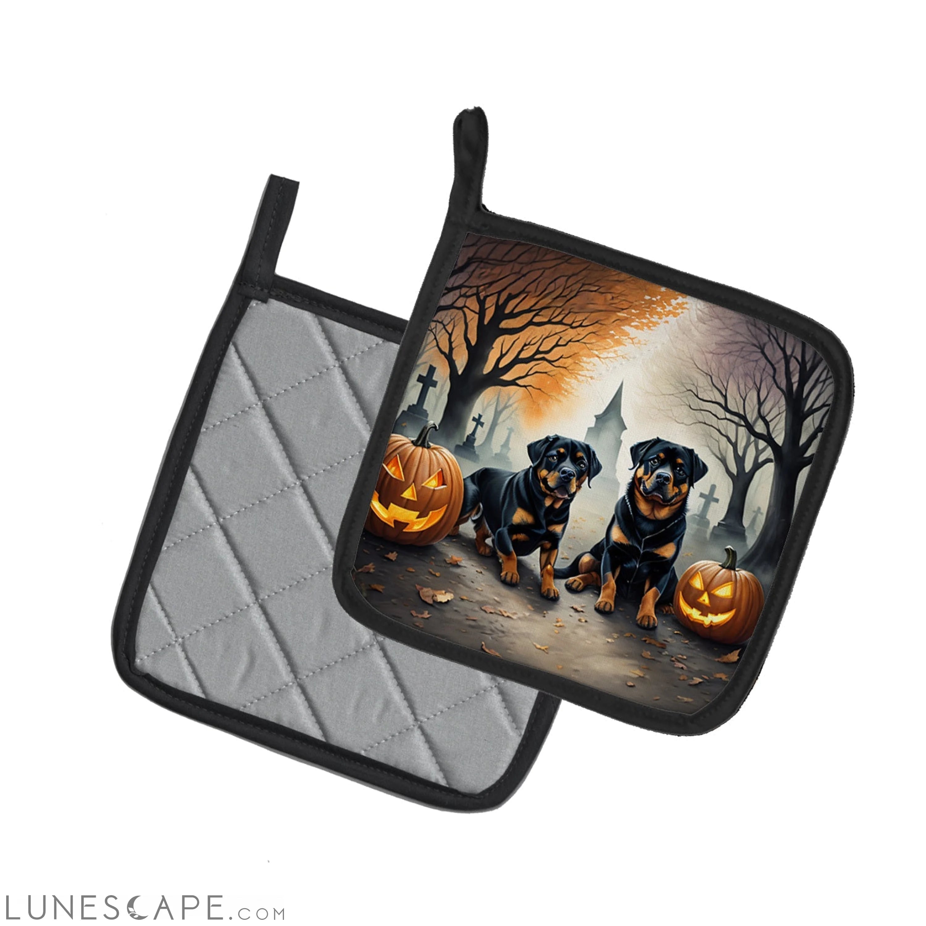 Rottweiler Spooky Halloween Pair of Pot Holders LUNESCAPE