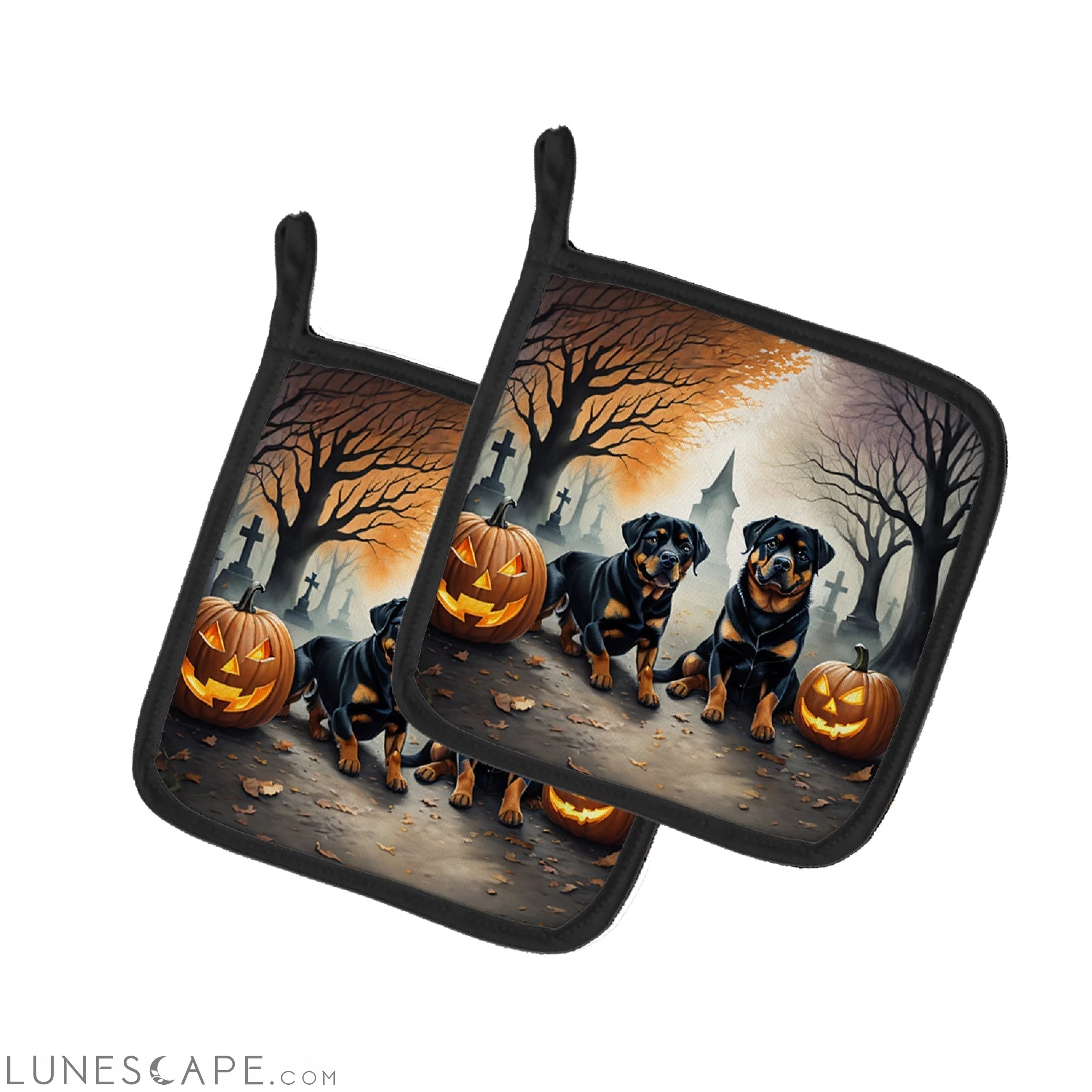 Rottweiler Spooky Halloween Pair of Pot Holders LUNESCAPE