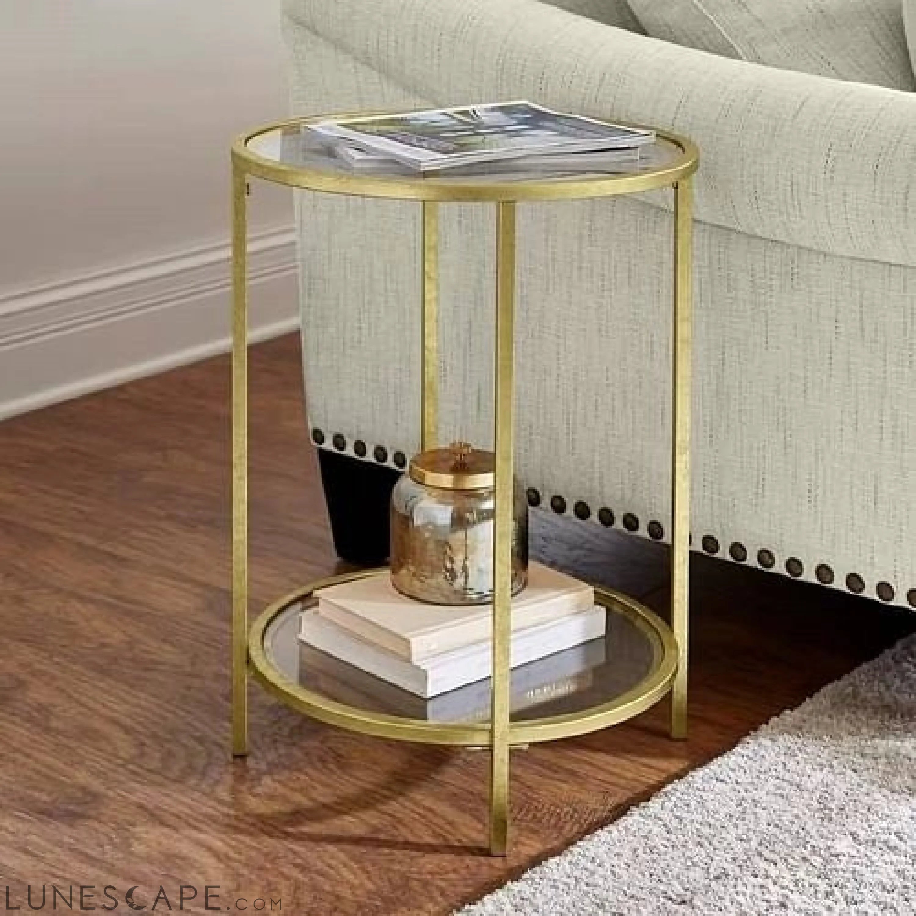 Round Accent Side Table Gold Metal Glass Top Bottom Shelf End Table LUNESCAPE