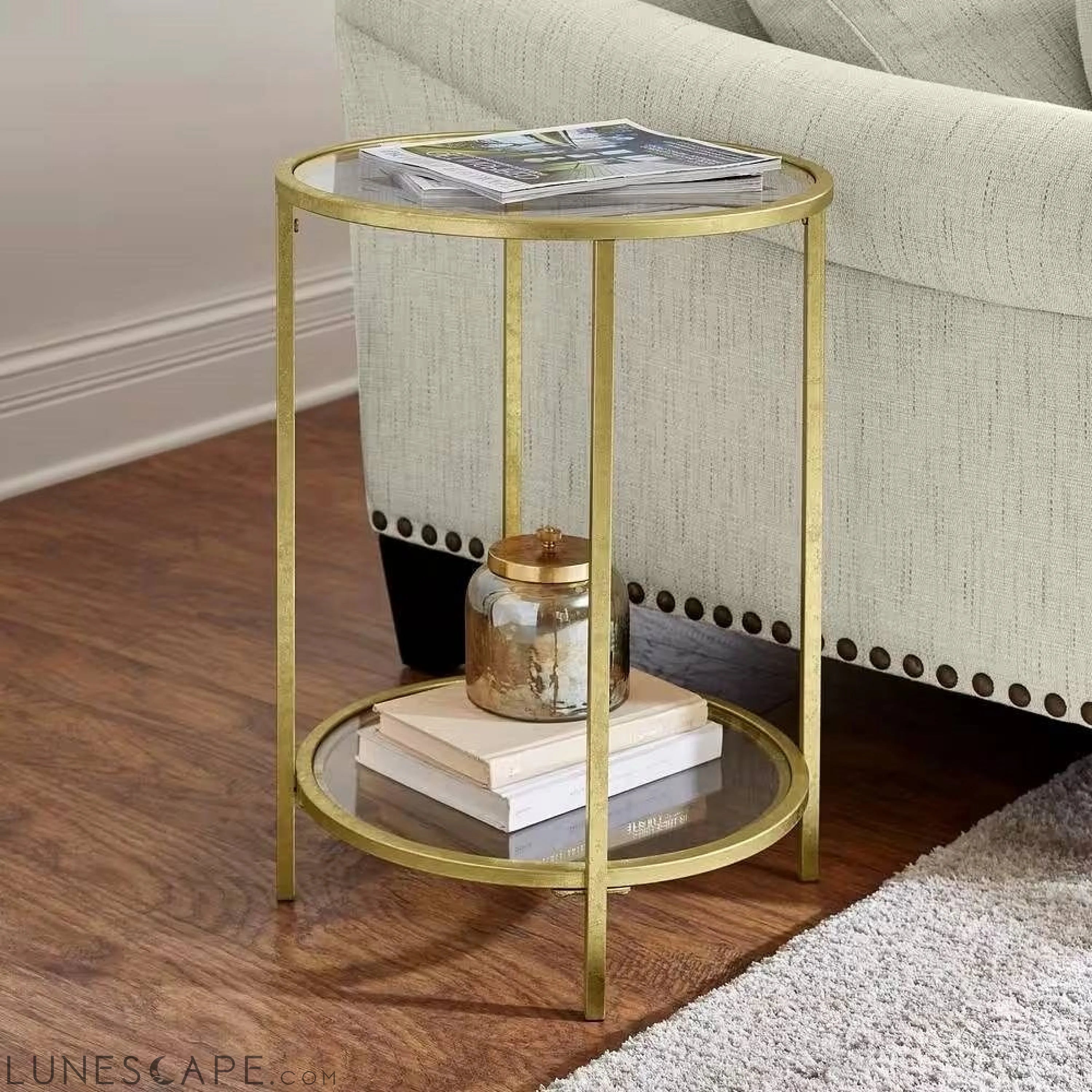 Round Accent Side Table Gold Metal Glass Top Bottom Shelf End Table LUNESCAPE