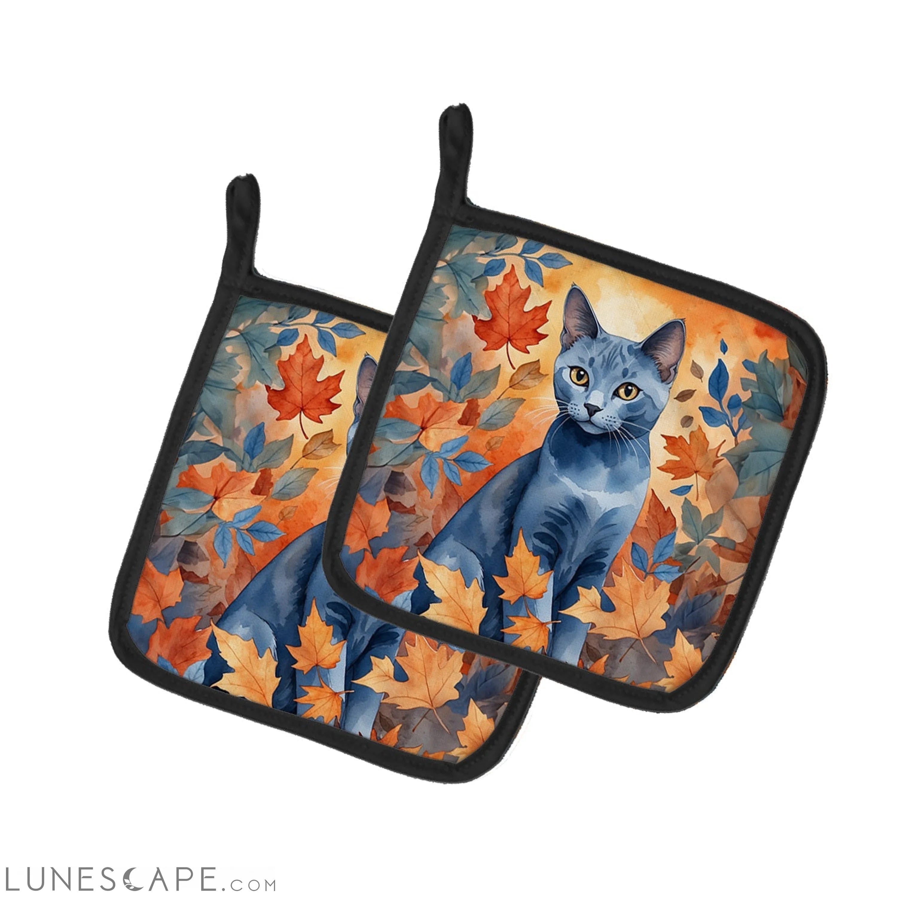 Russian Blue Cat in Fall Leaves Pair of Pot Holders LUNESCAPE