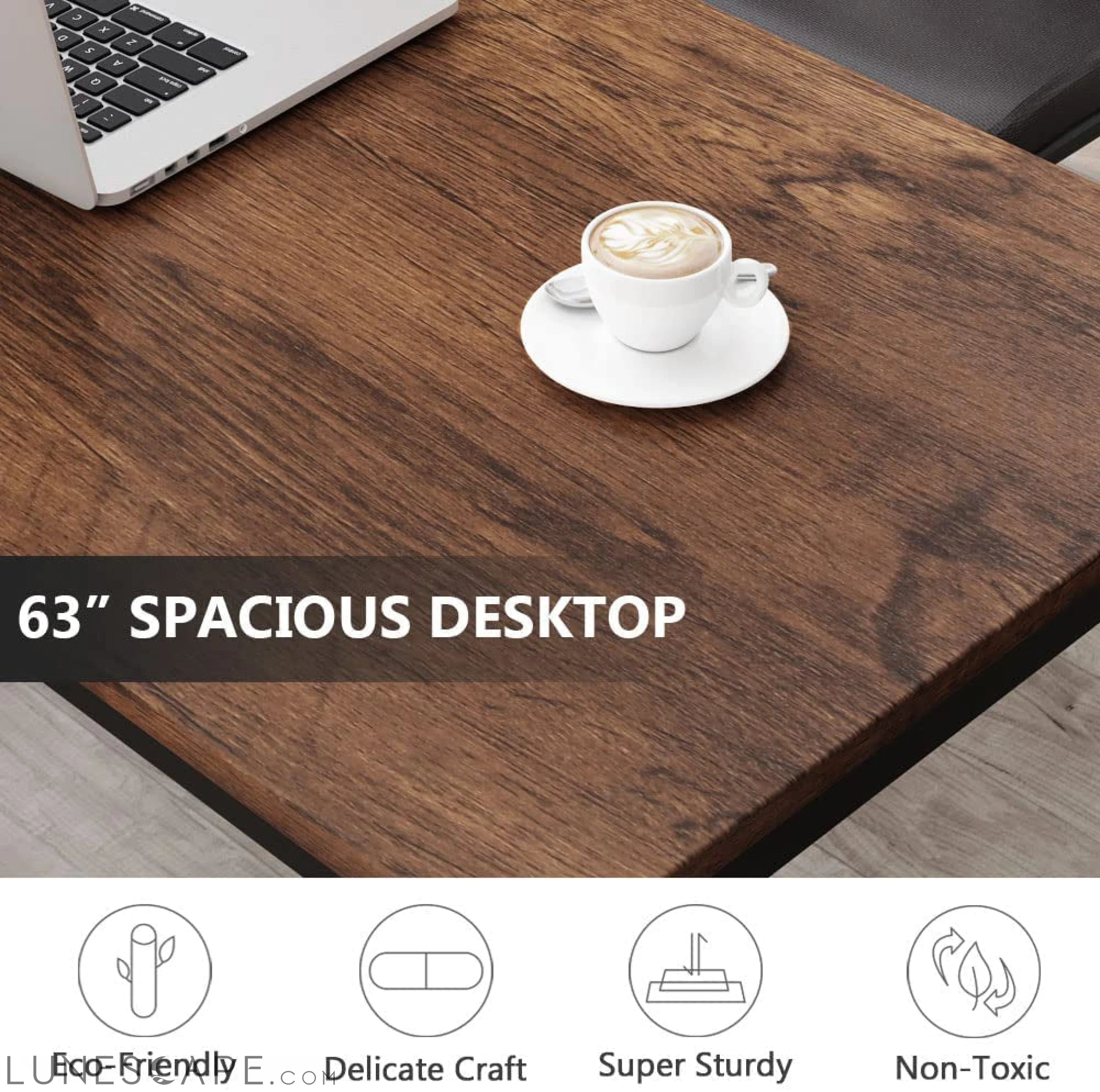 Rustic Brown Computer Desk with Metal Legs and Spacious Desktop LUNESCAPE
