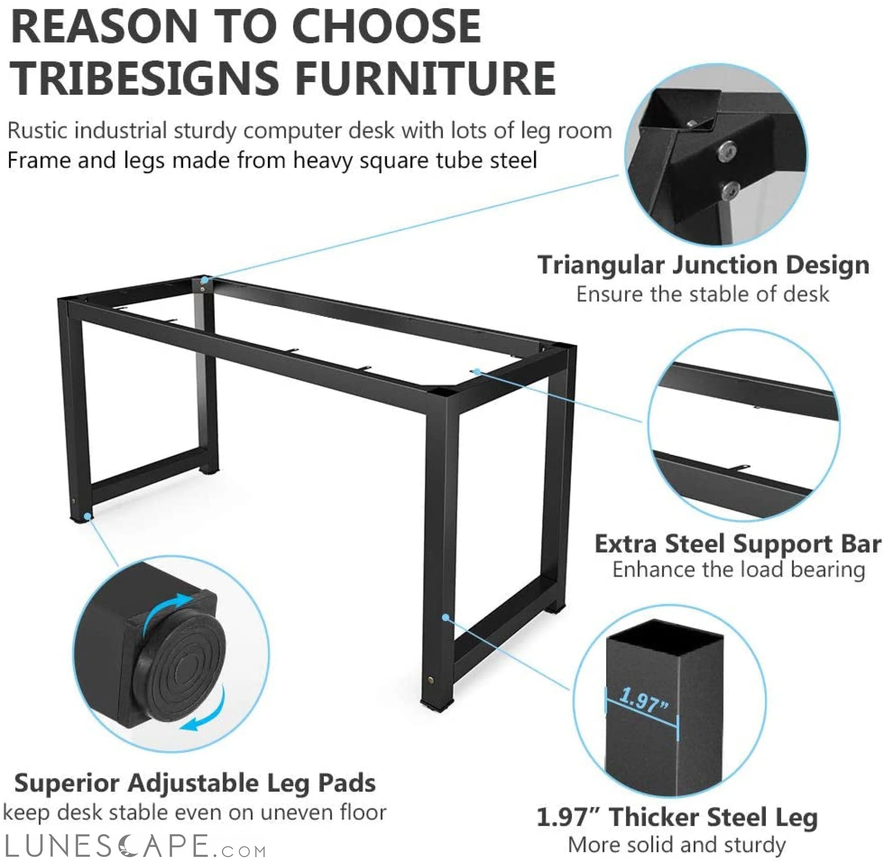Rustic Brown Computer Desk with Metal Legs and Spacious Desktop LUNESCAPE