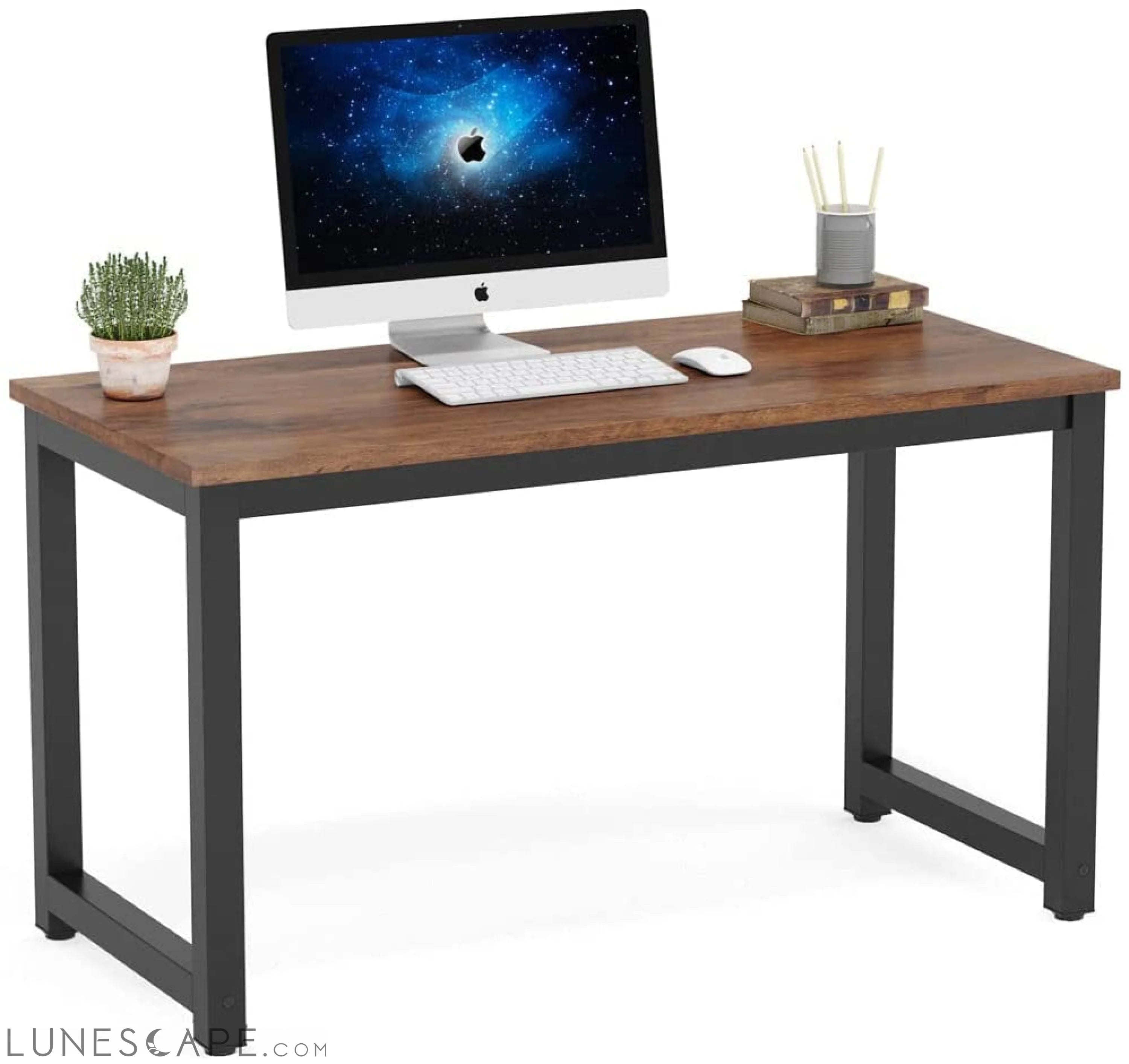 Rustic Brown Computer Desk with Metal Legs and Spacious Desktop LUNESCAPE