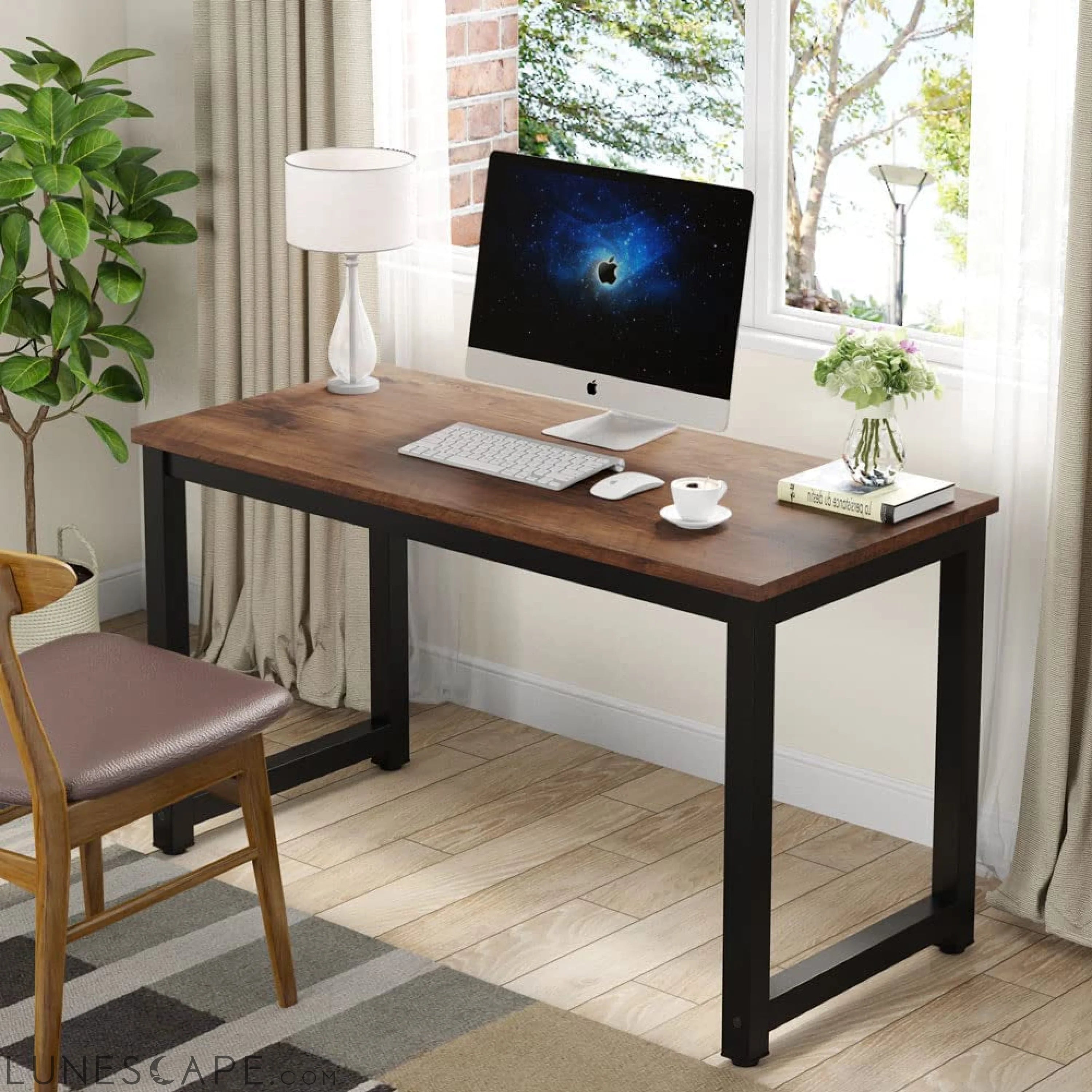 Rustic Brown Computer Desk with Metal Legs and Spacious Desktop LUNESCAPE