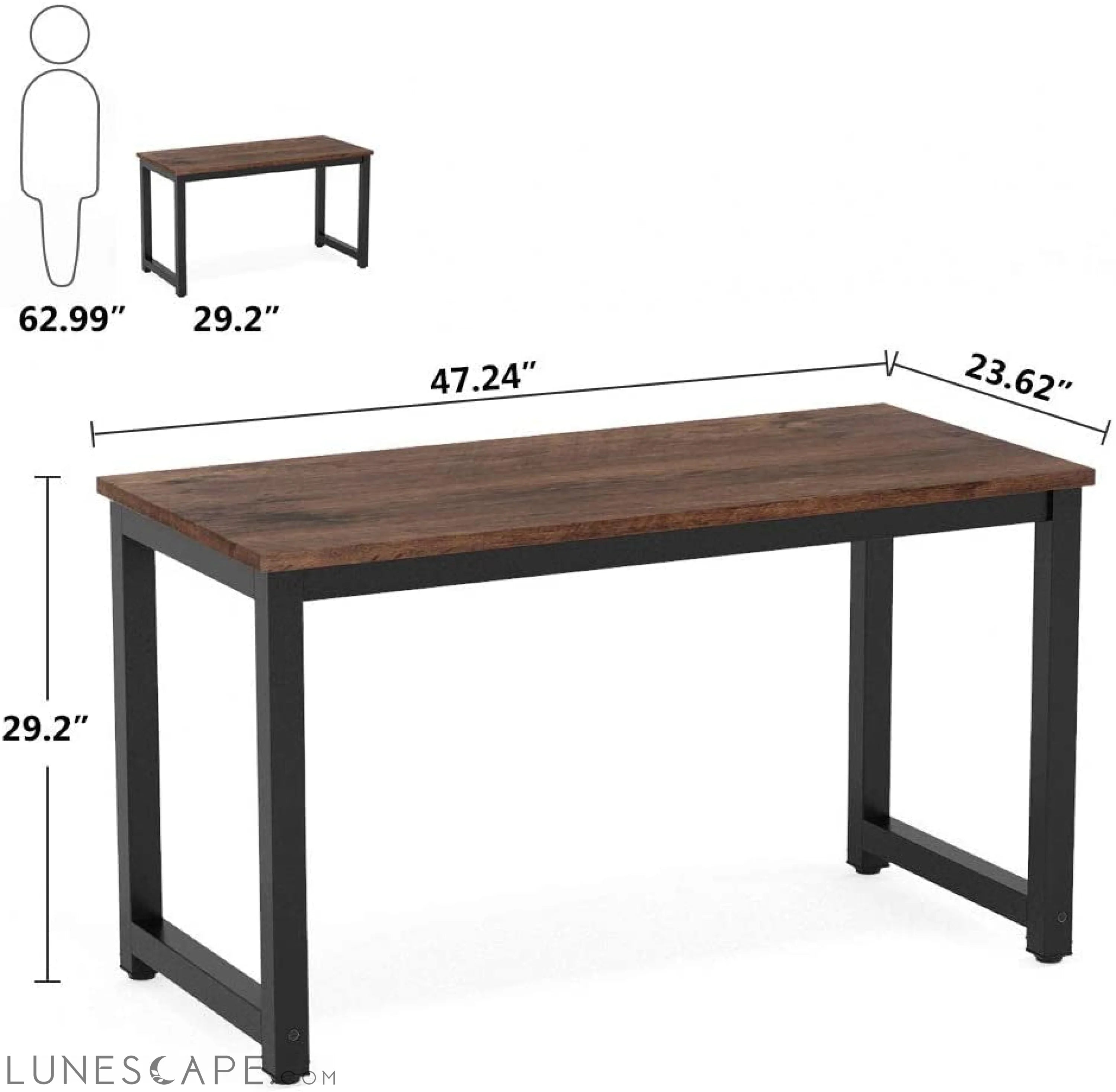 Rustic Brown Computer Desk with Metal Legs and Spacious Desktop LUNESCAPE