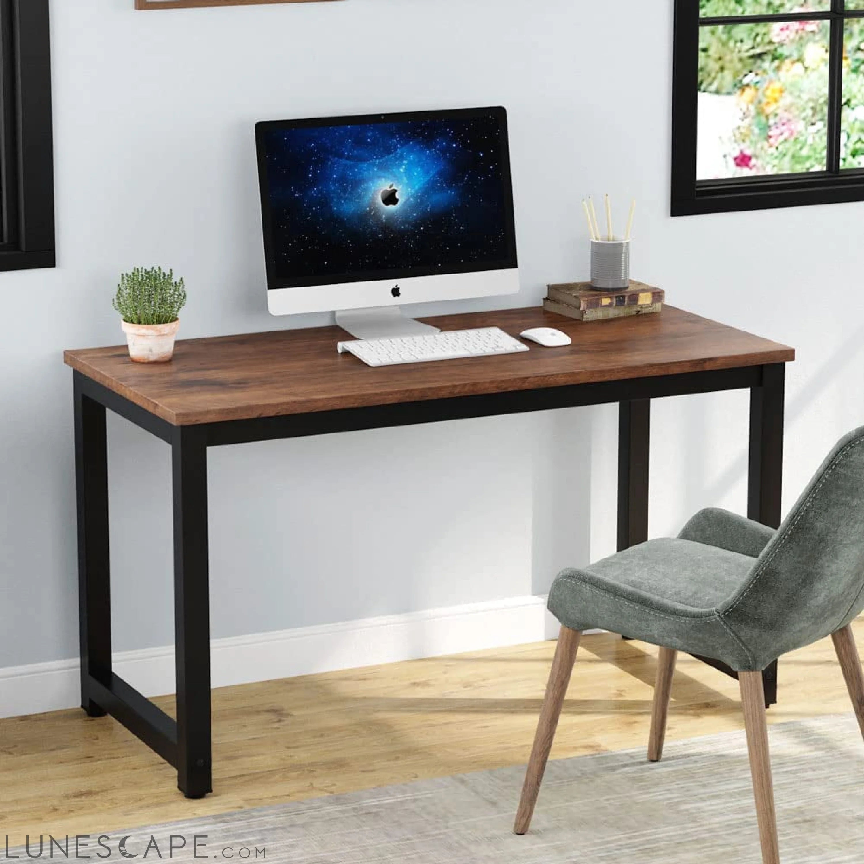 Rustic Brown Computer Desk with Metal Legs and Spacious Desktop LUNESCAPE