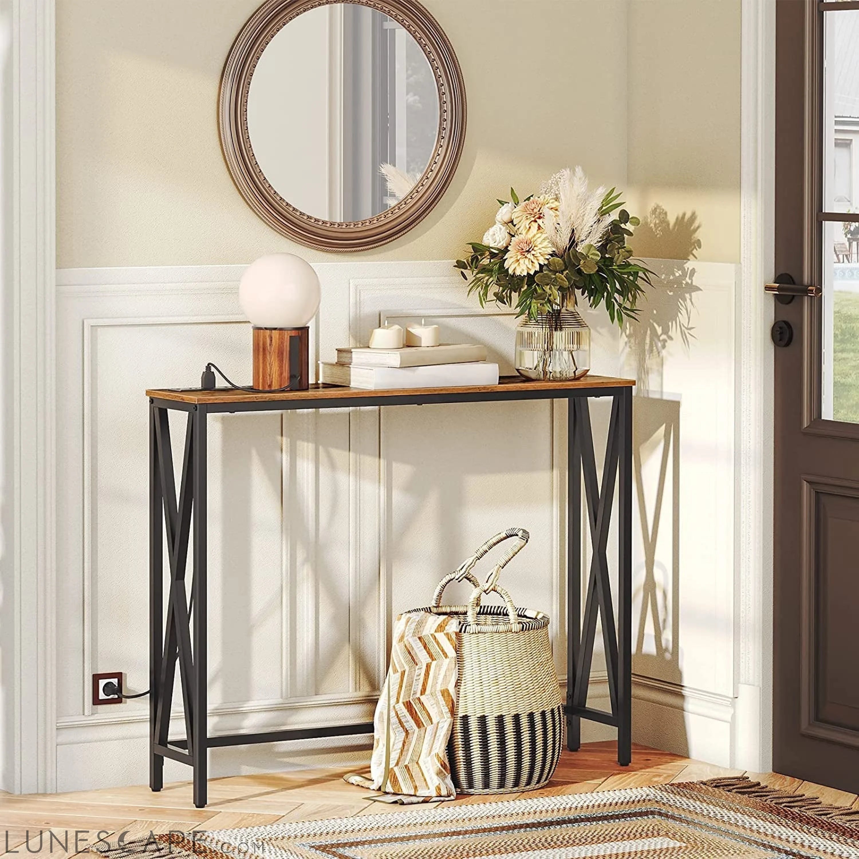 Rustic Brown Sofa Table with Power Outlet LUNESCAPE