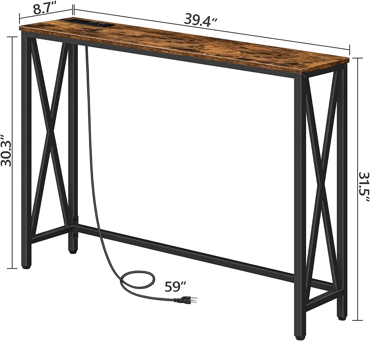 Rustic Brown Sofa Table with Power Outlet LUNESCAPE