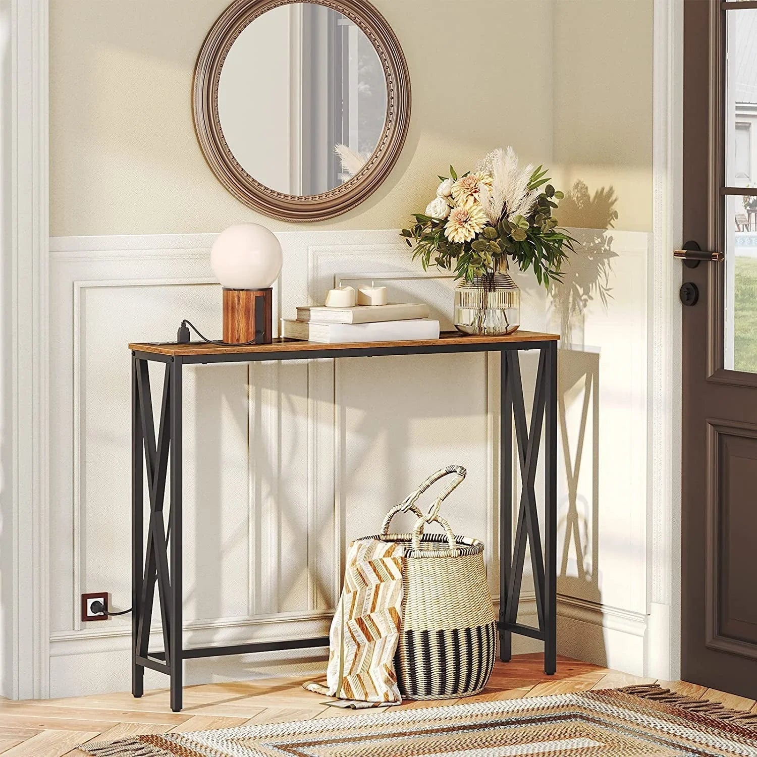 Rustic Brown Sofa Table with Power Outlet LUNESCAPE