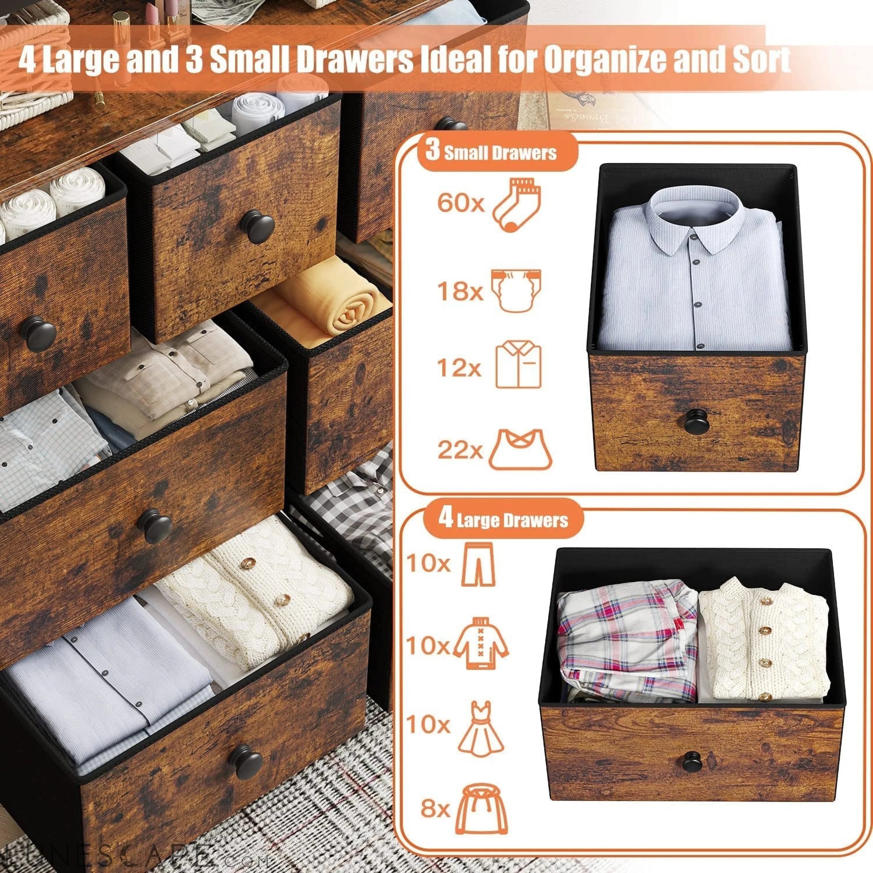Rustic Brown Wooden Dresser with 7 Drawers and Open Shelves LUNESCAPE