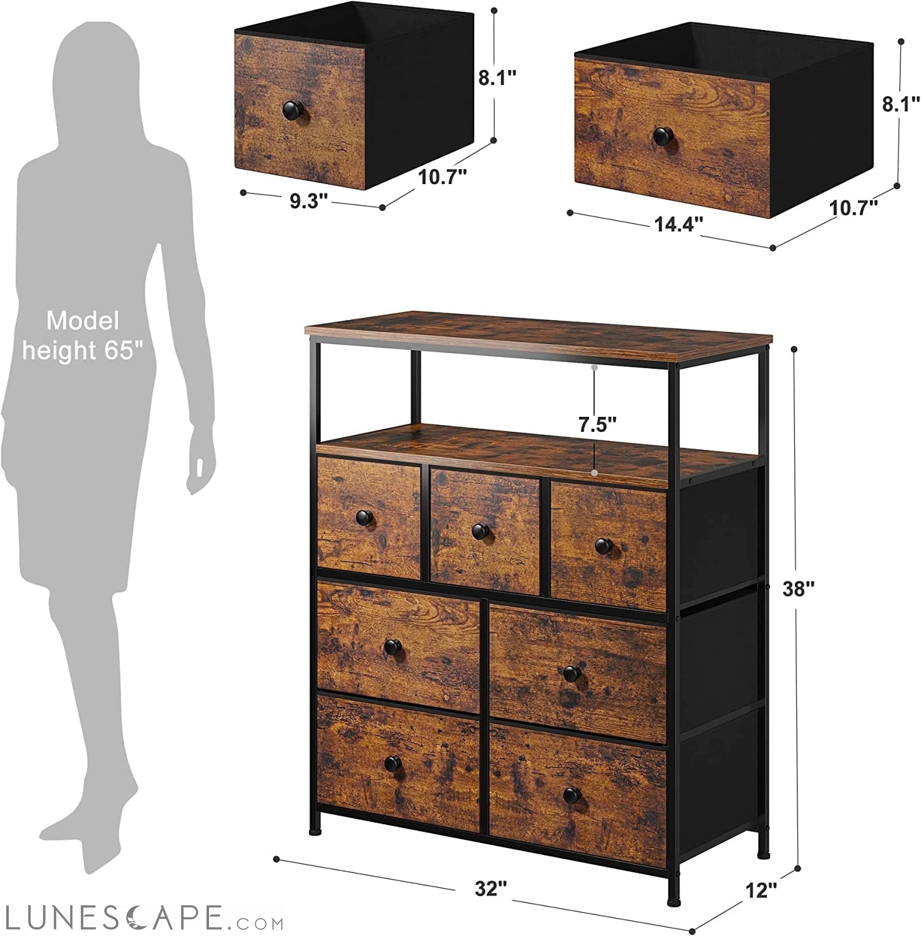 Rustic Brown Wooden Dresser with 7 Drawers and Open Shelves LUNESCAPE