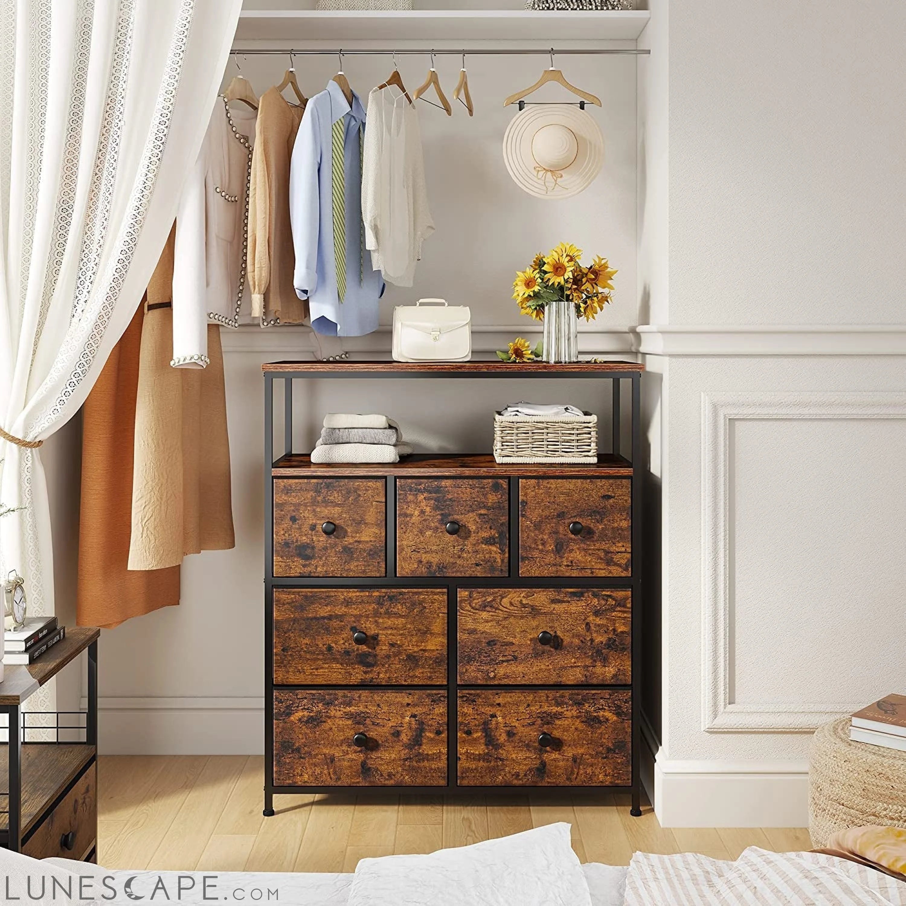 Rustic Brown Wooden Dresser with 7 Drawers and Open Shelves LUNESCAPE
