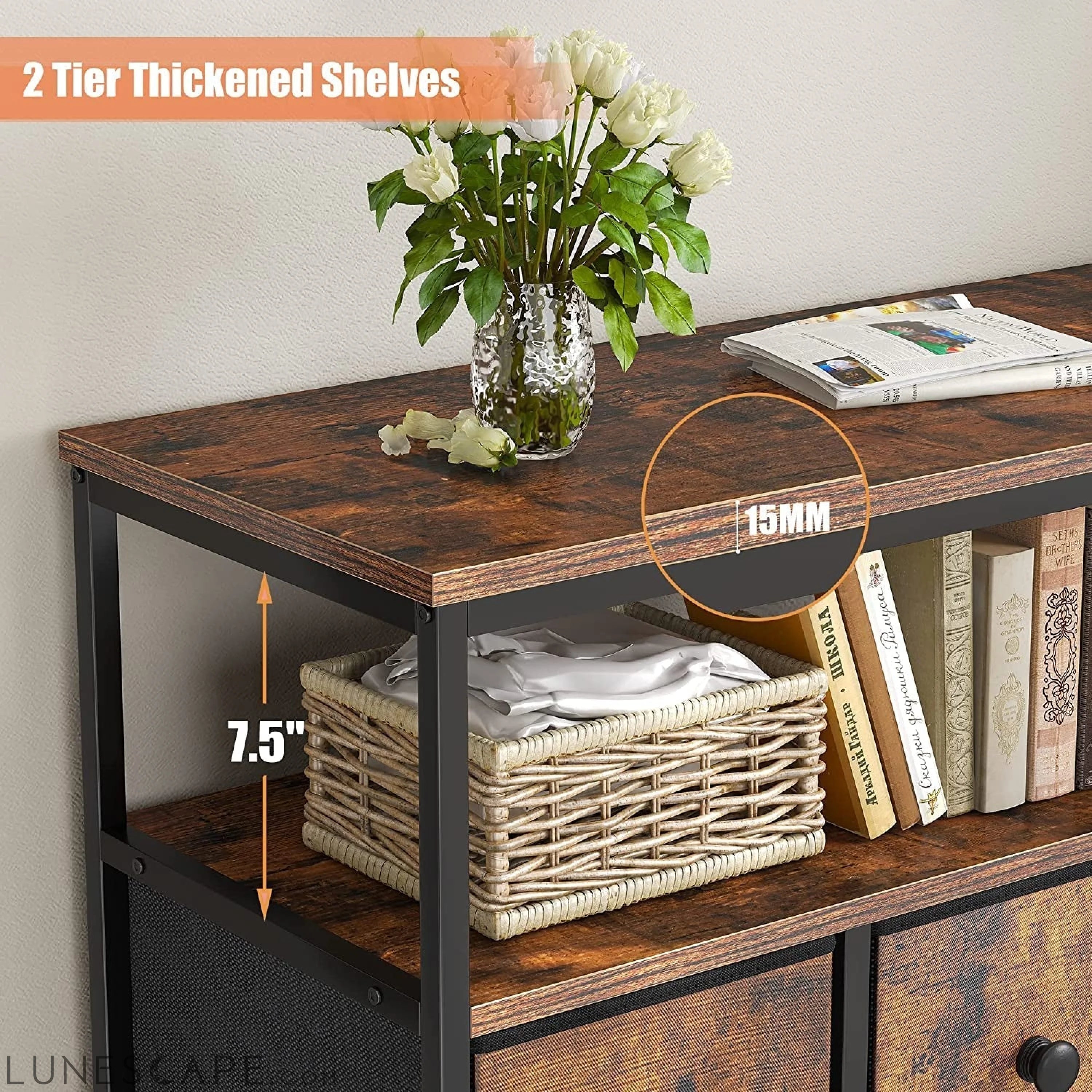 Rustic Brown Wooden Dresser with 7 Drawers and Open Shelves LUNESCAPE