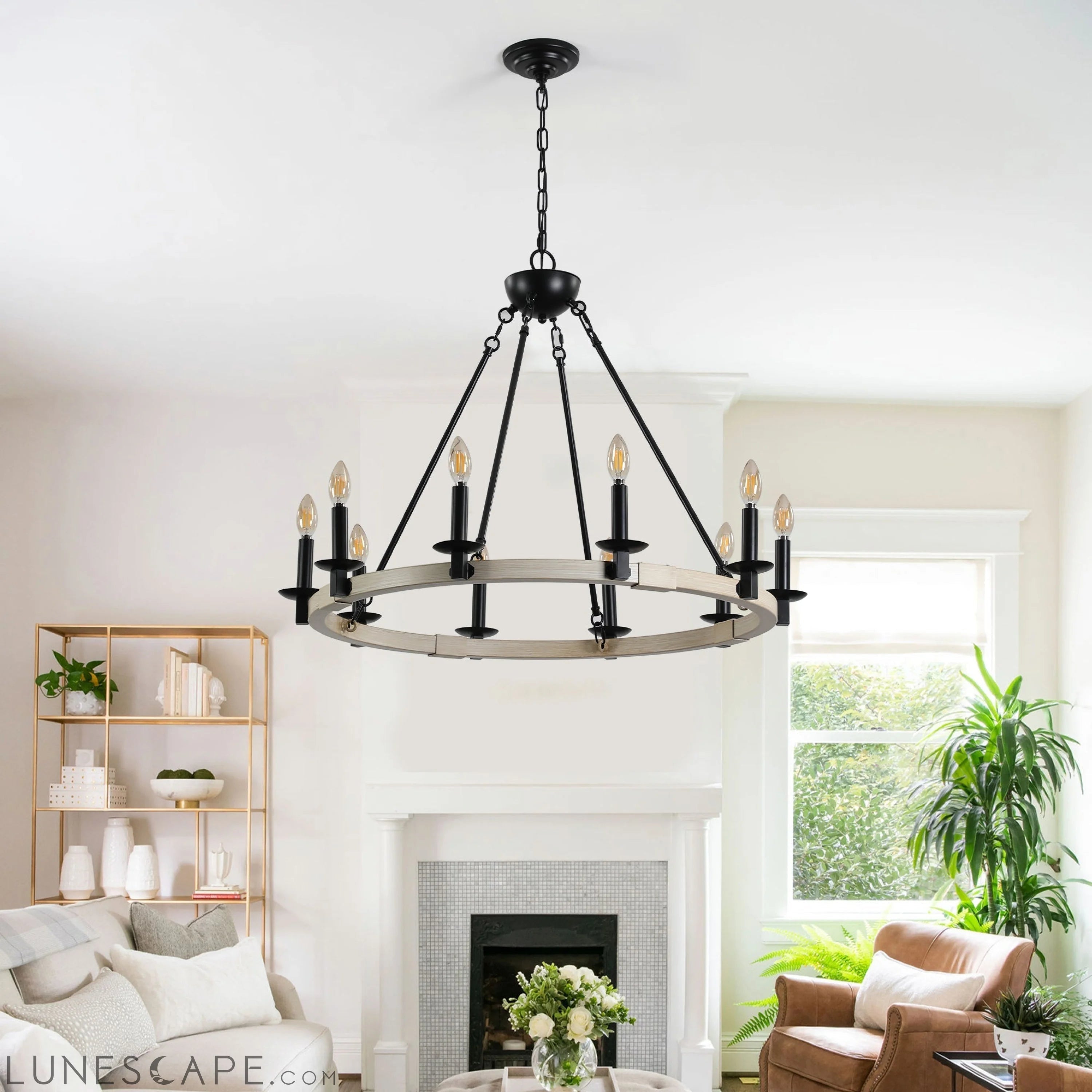 Rustic Farmhouse 10-Light Candle Chandelier, Black Metal and Wood LUNESCAPE