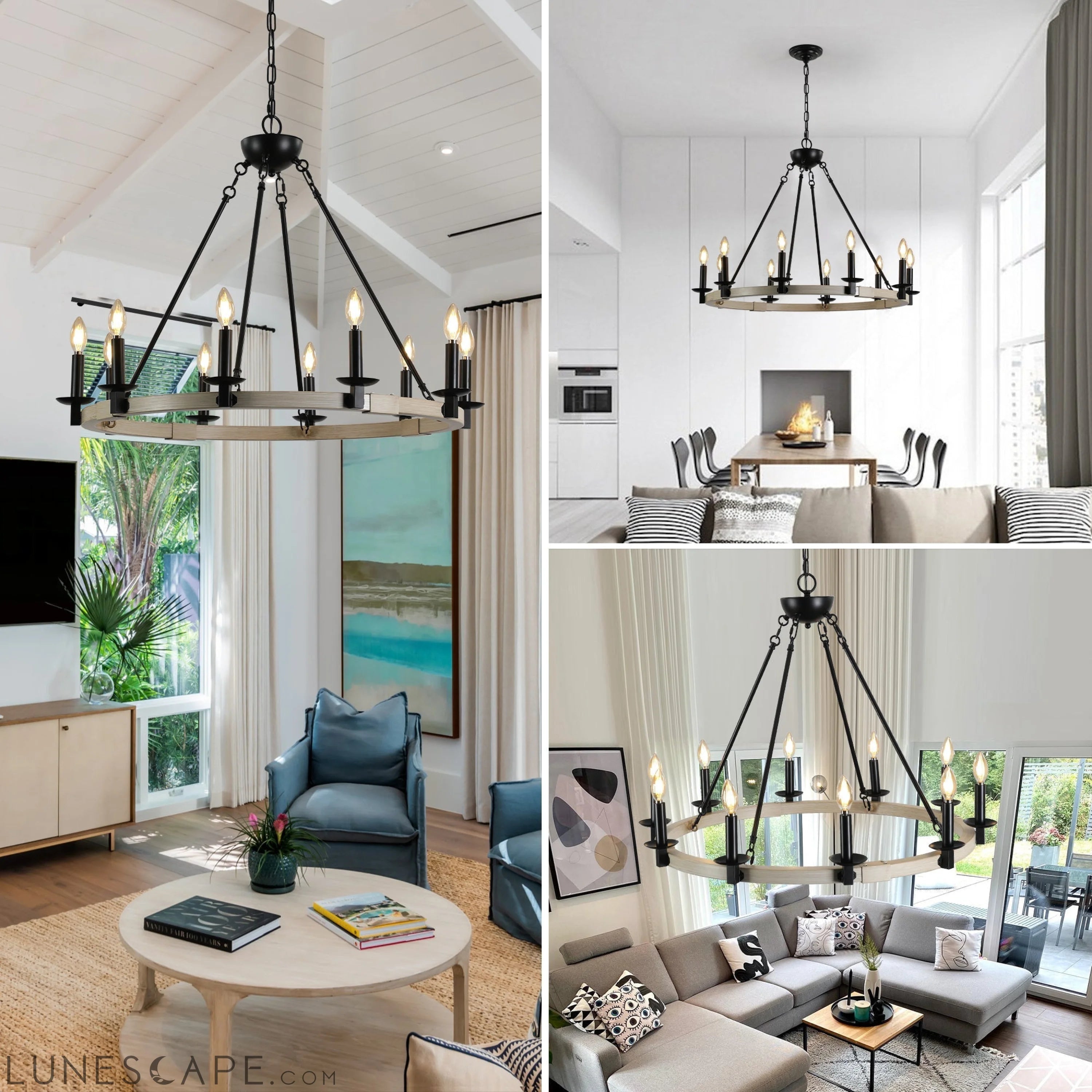 Rustic Farmhouse 10-Light Candle Chandelier, Black Metal and Wood LUNESCAPE