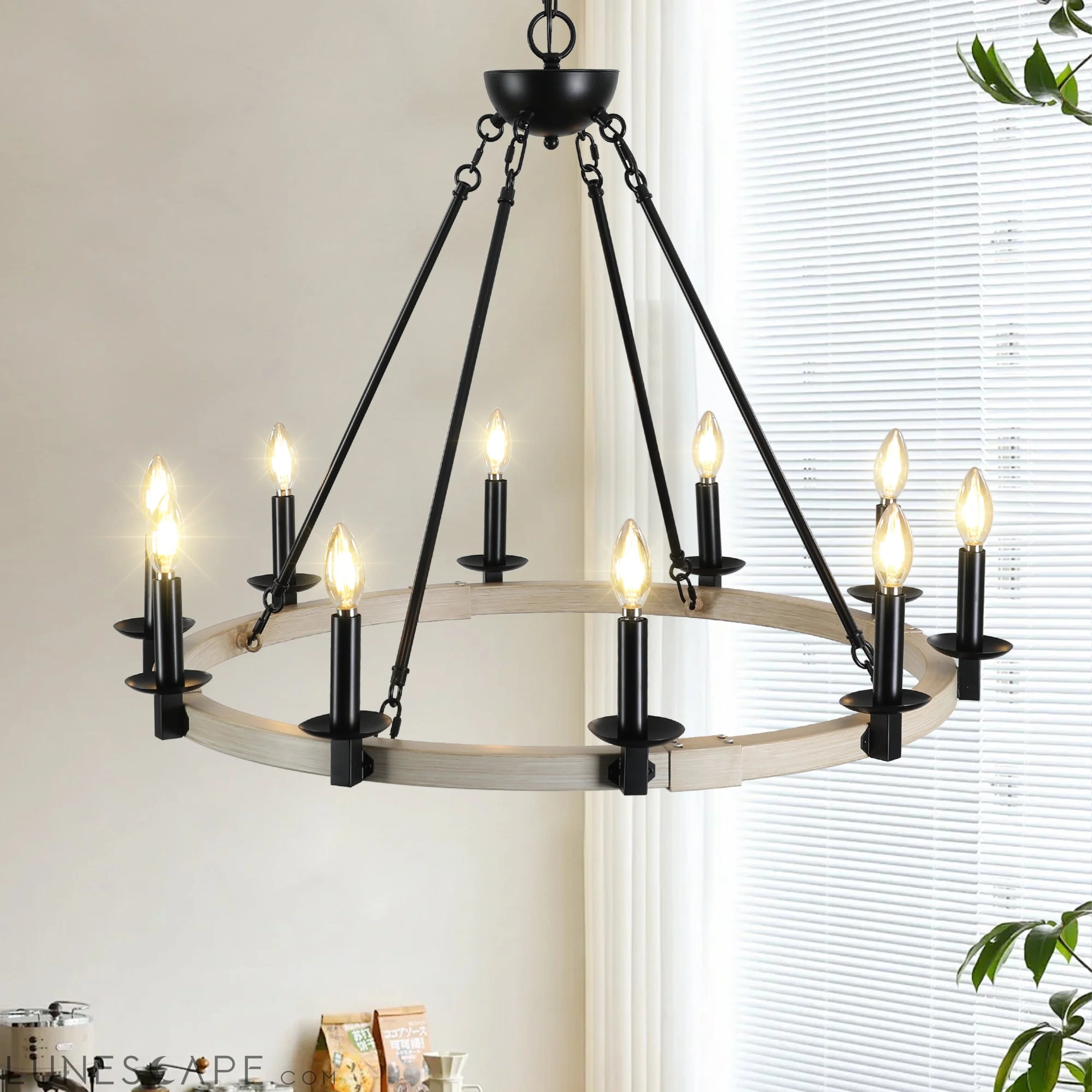 Rustic Farmhouse 10-Light Candle Chandelier, Black Metal and Wood LUNESCAPE