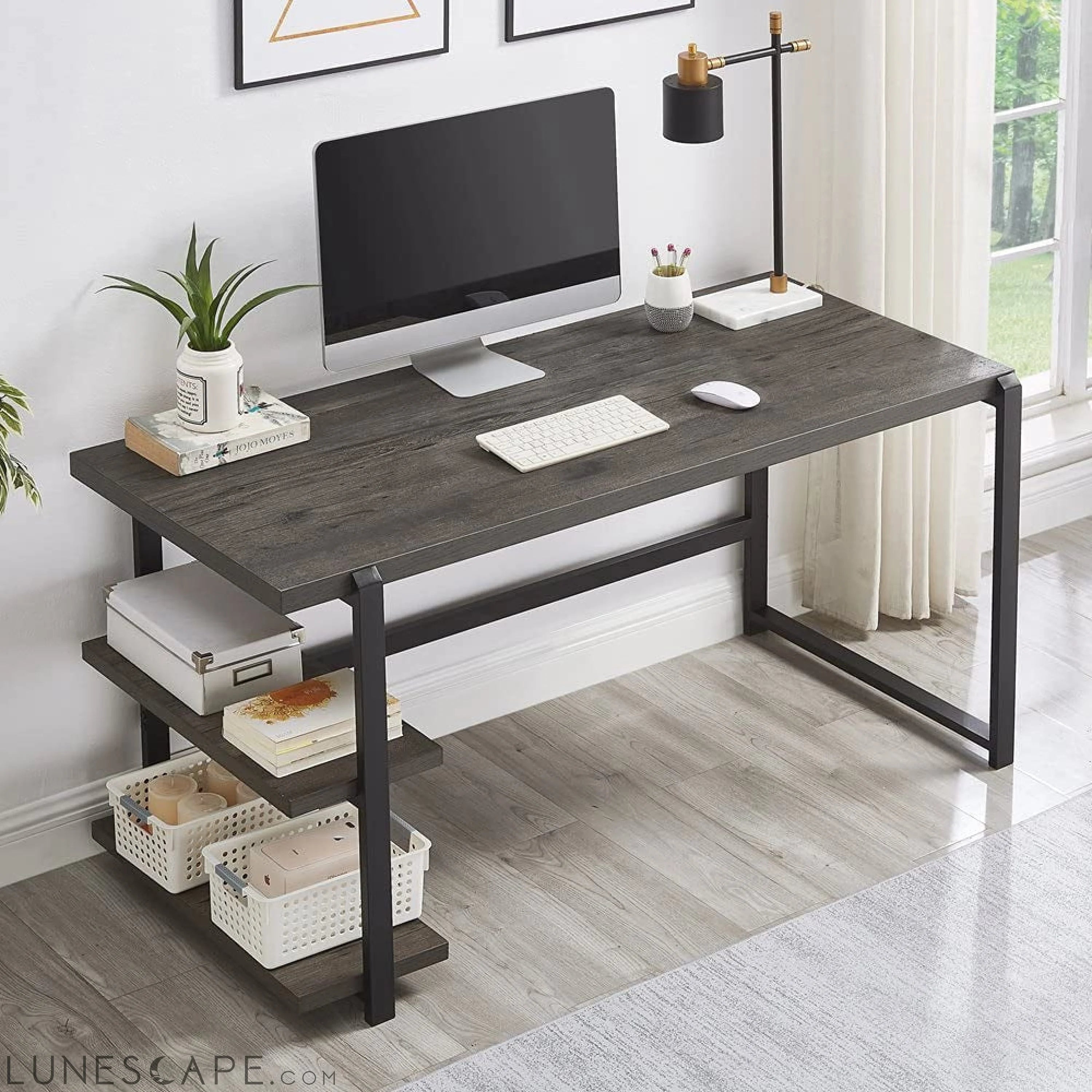 Rustic Industrial Computer Desk with Shelves LUNESCAPE