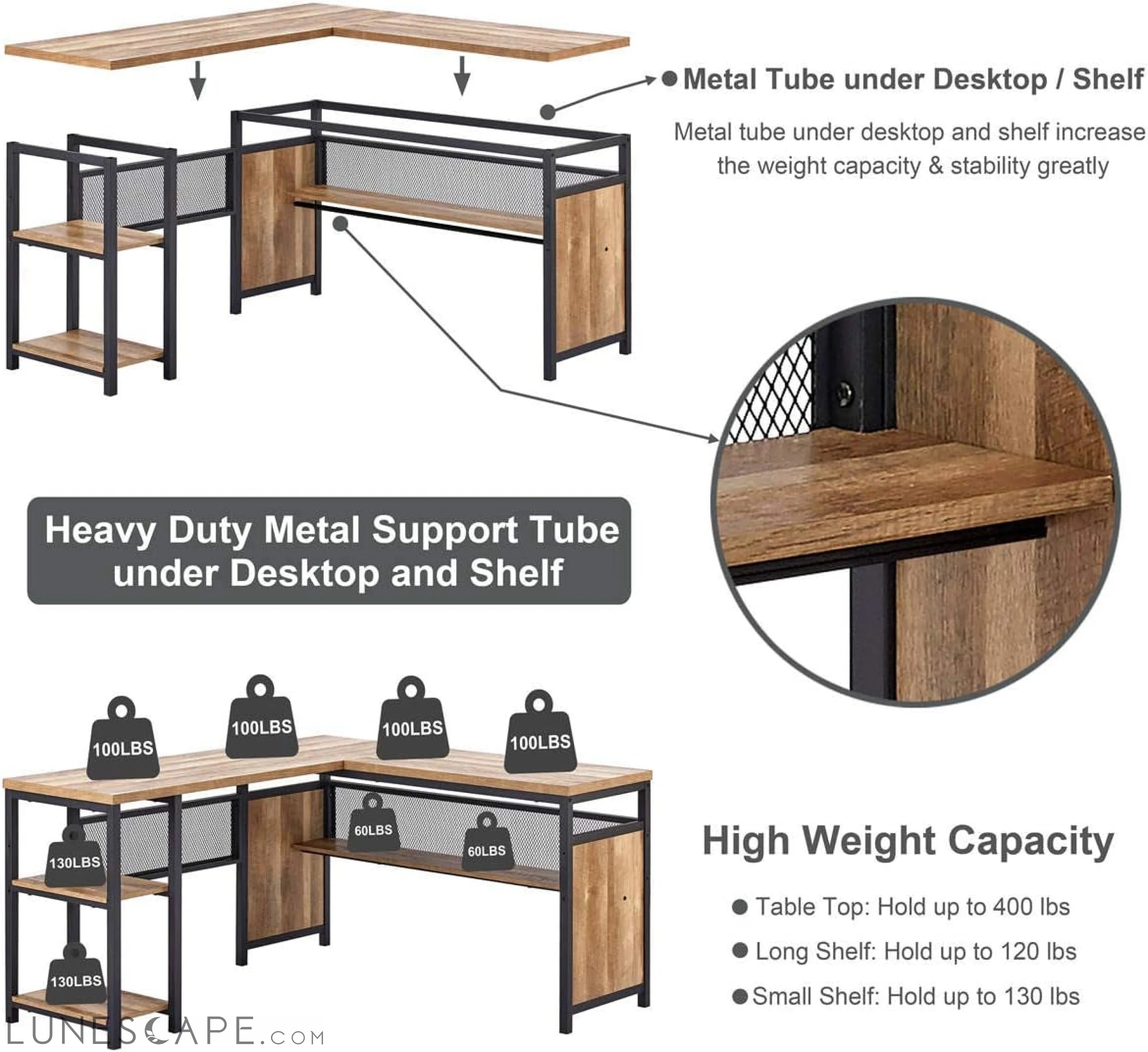 Rustic Industrial L-Shaped Office Desk with Shelves LUNESCAPE