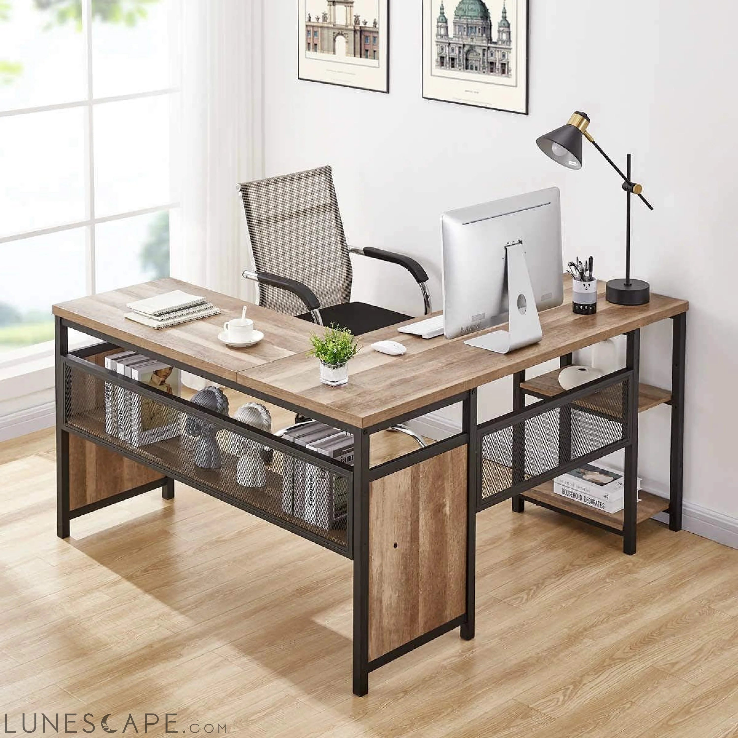 Rustic Industrial L-Shaped Office Desk with Shelves LUNESCAPE