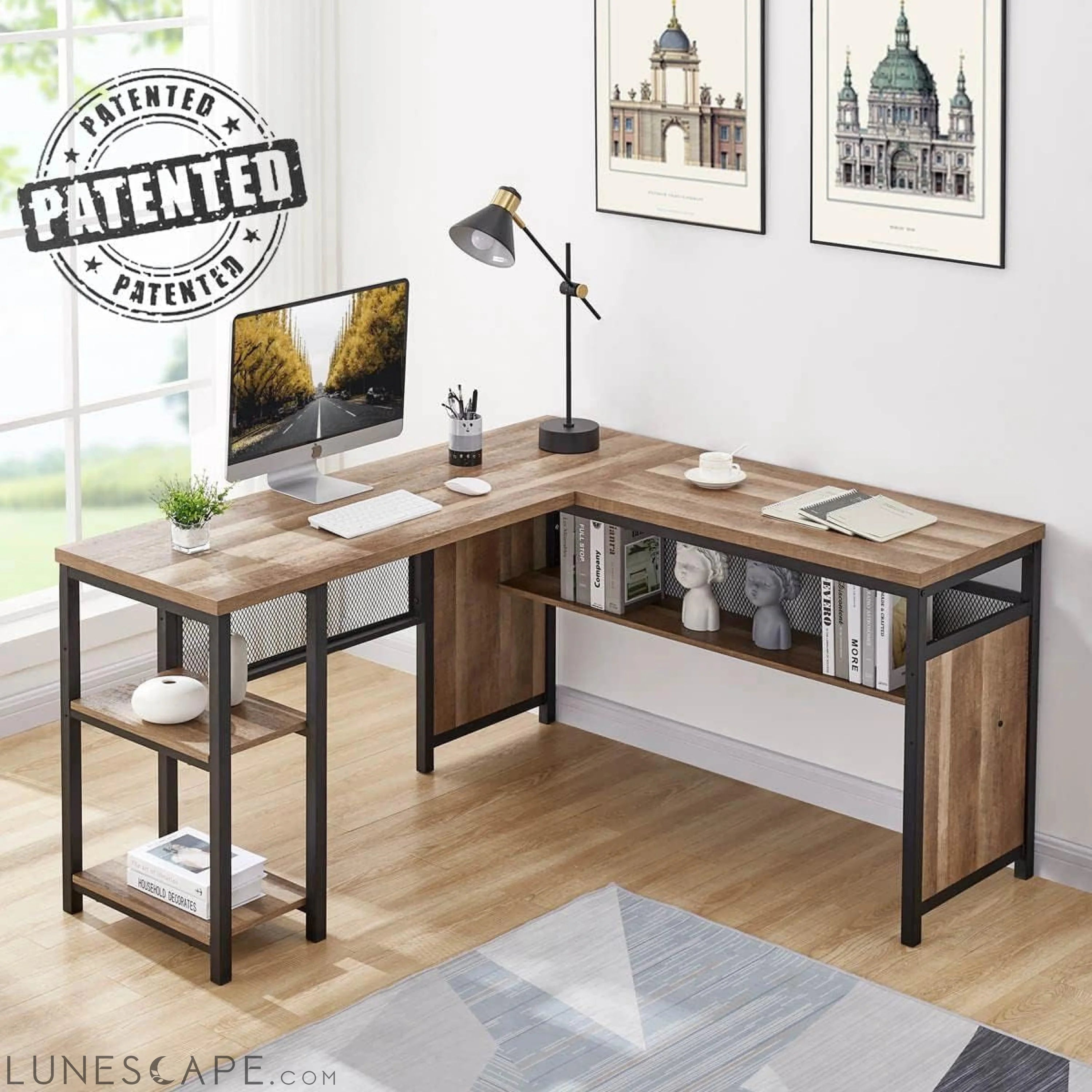 Rustic Industrial L-Shaped Office Desk with Shelves LUNESCAPE
