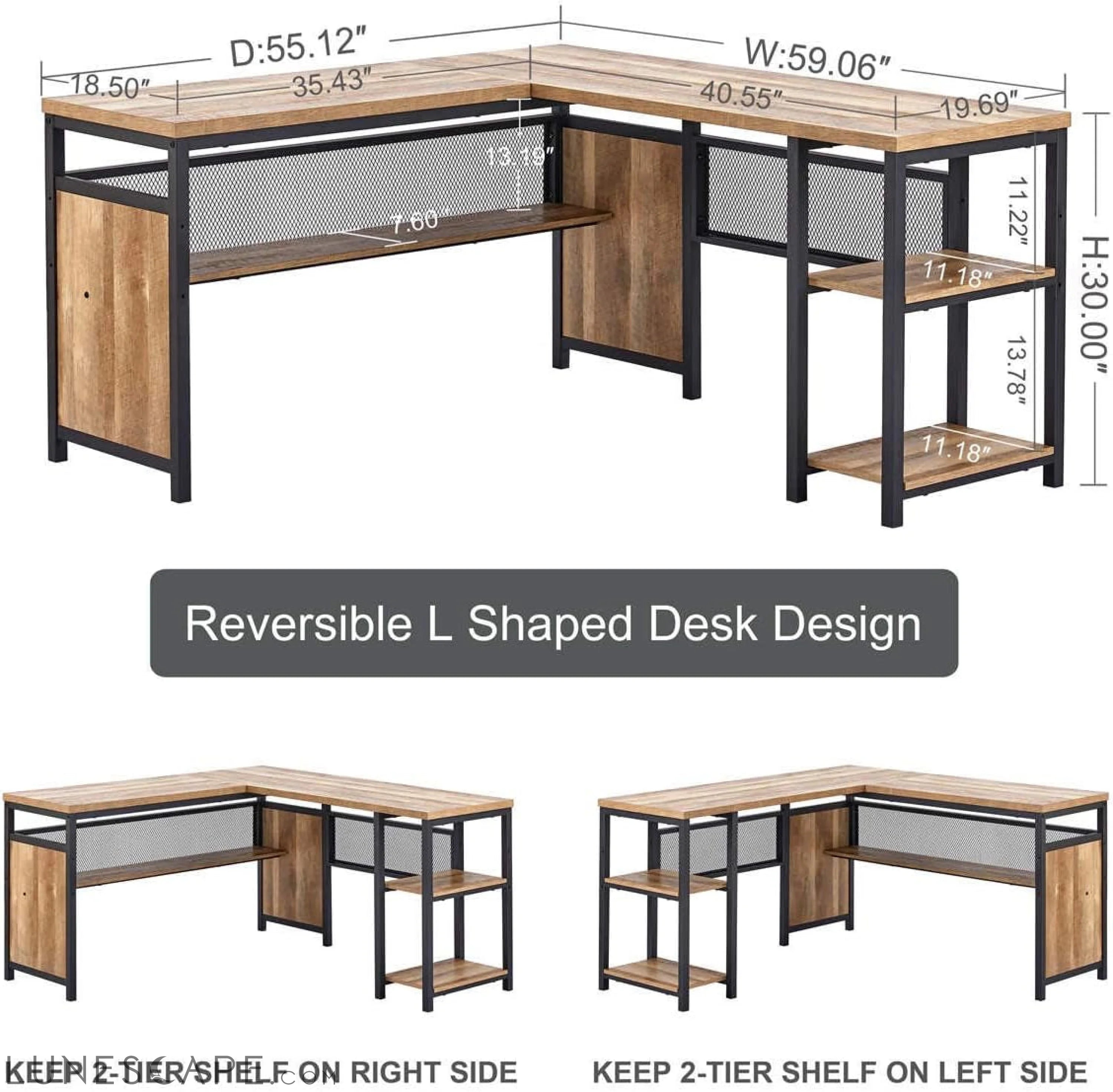Rustic Industrial L-Shaped Office Desk with Shelves LUNESCAPE