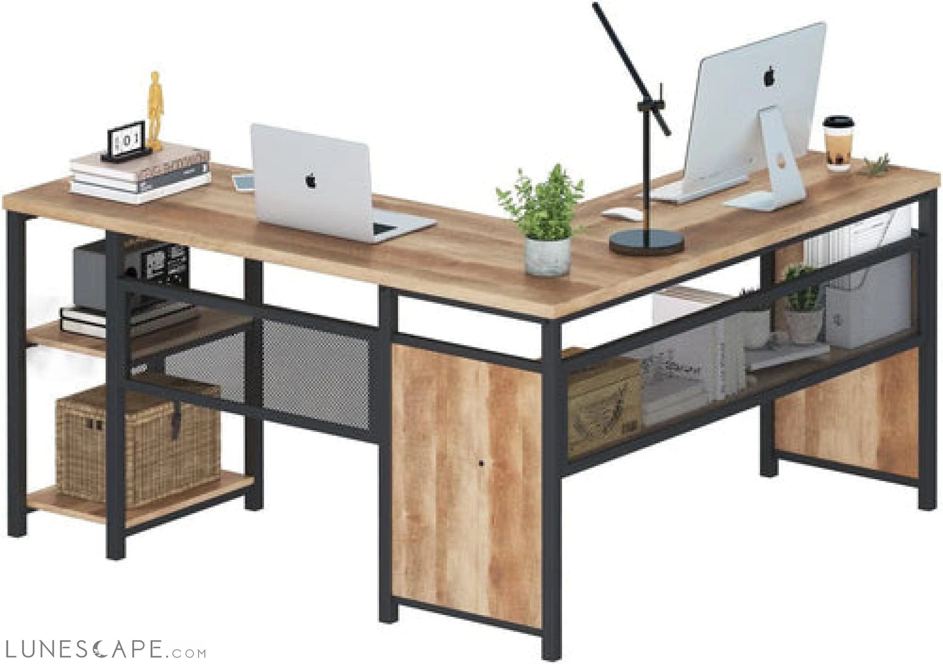 Rustic Industrial L-Shaped Office Desk with Shelves LUNESCAPE