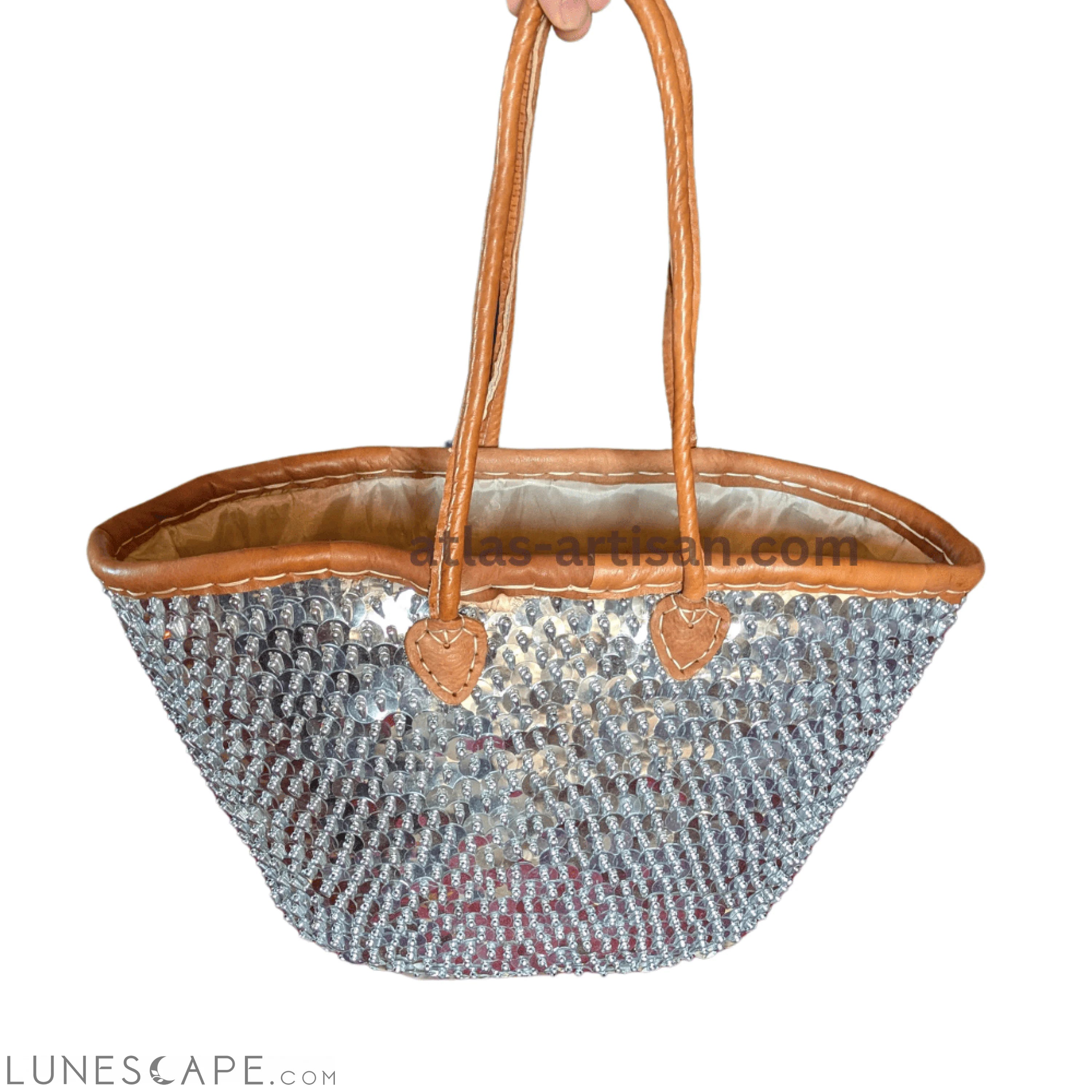 Sac Brillant Silver Sequin Shoulder Tote with Leather Trim & Handles LUNESCAPE