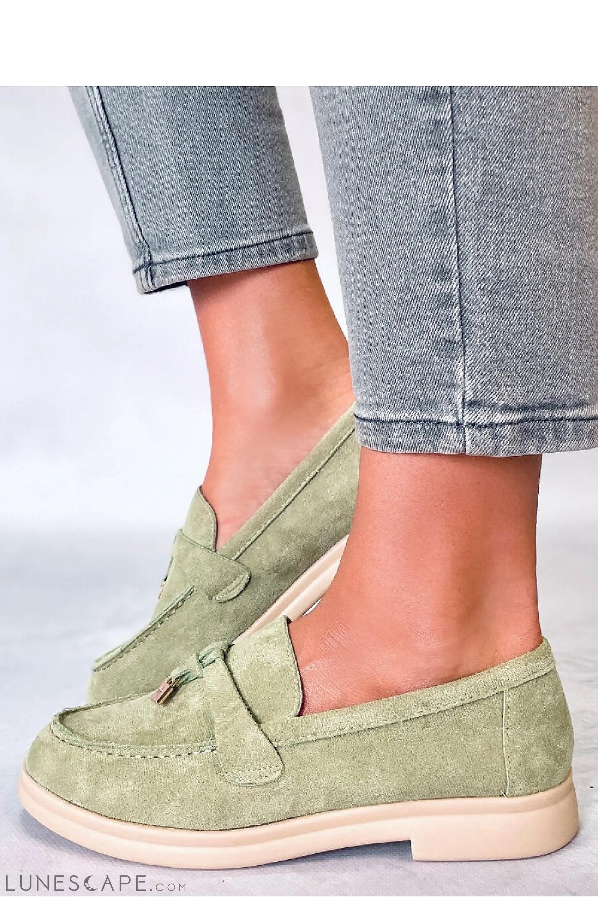 Sage Green Eco-Suede Women’s Loafers with Gold Charm and Contrast Sole LUNESCAPE