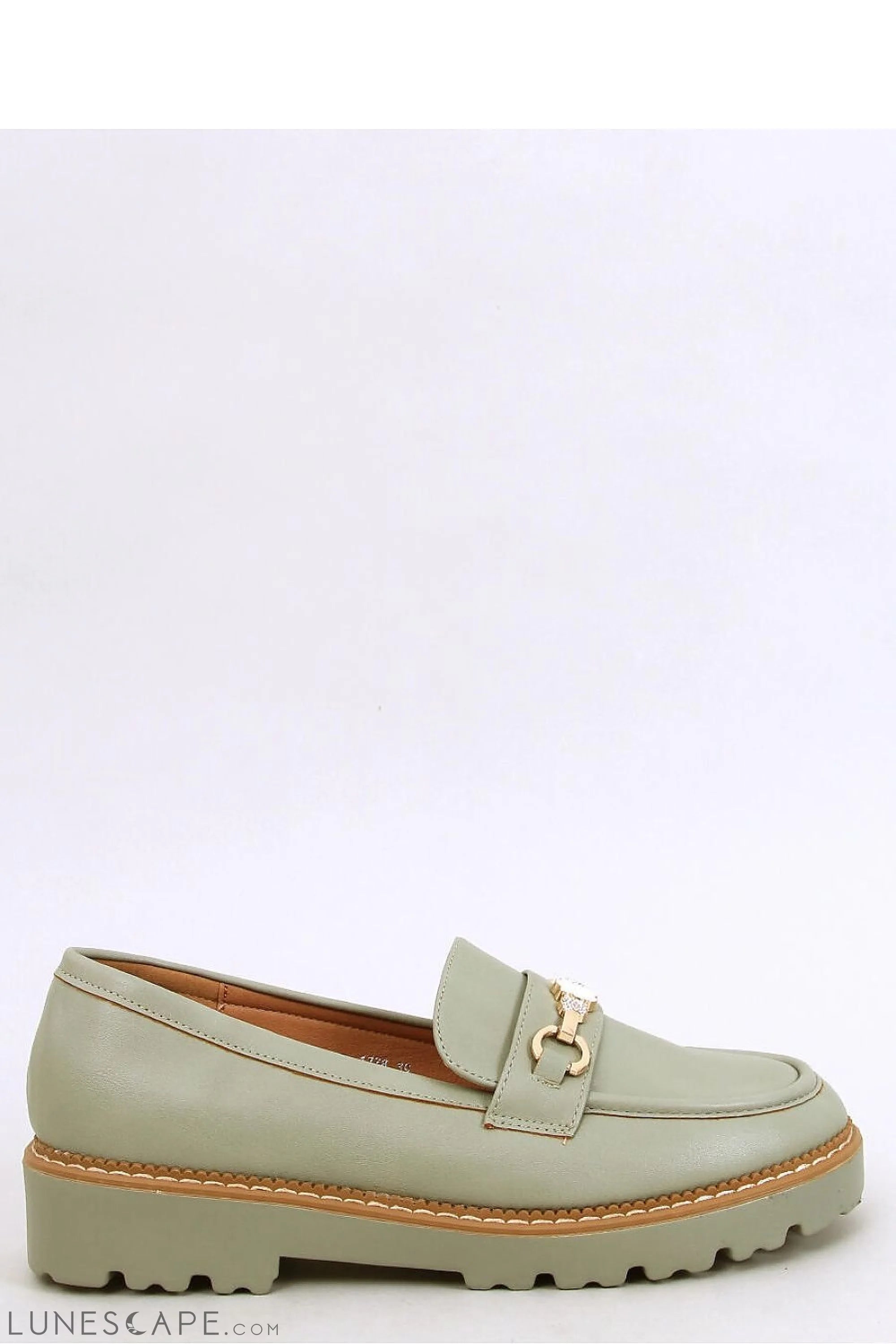 Sage Green Vegan Leather Women’s Loafers with Gold Bit and Lug Sole LUNESCAPE