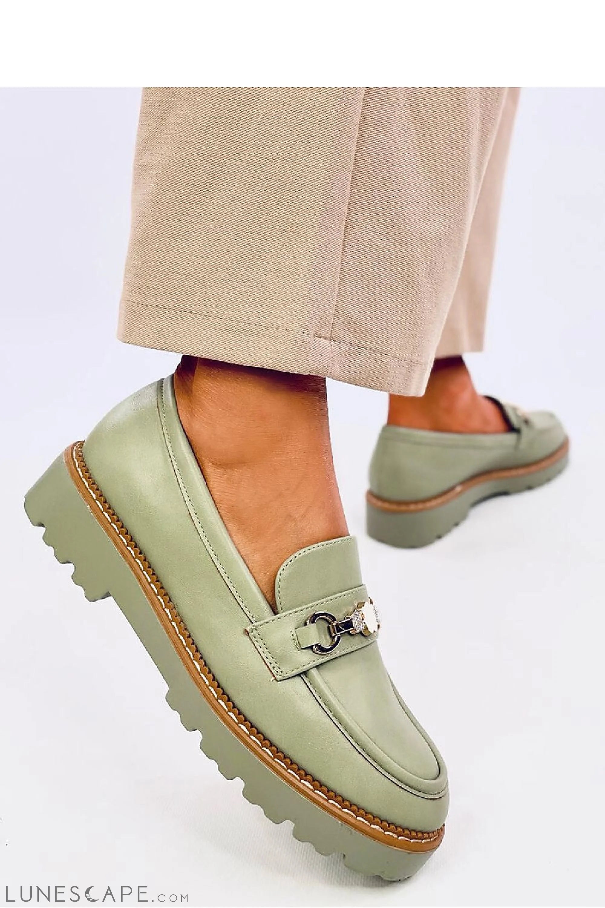 Sage Green Vegan Leather Women’s Loafers with Gold Bit and Lug Sole LUNESCAPE