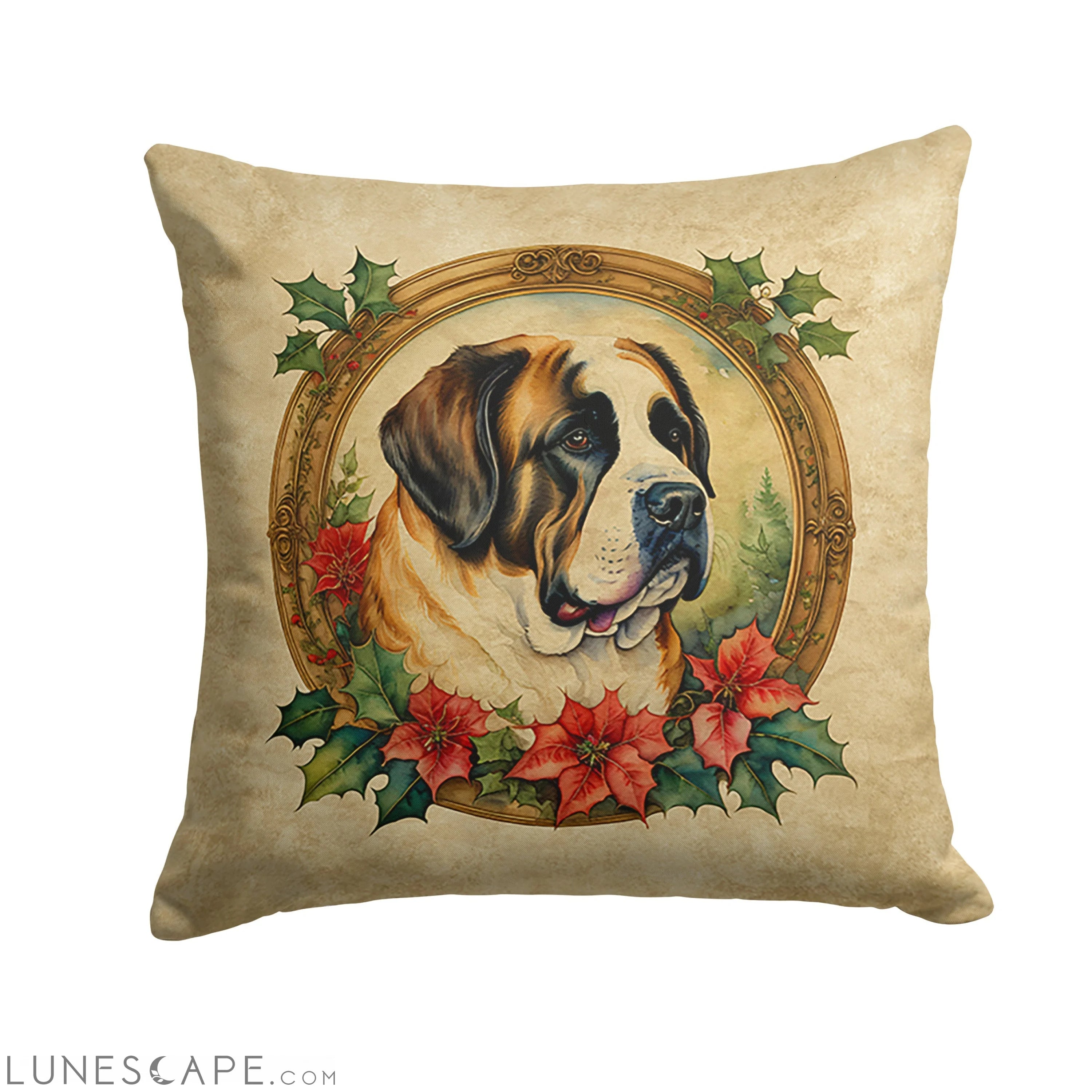 Saint Bernard Christmas Flowers Throw Pillow LUNESCAPE