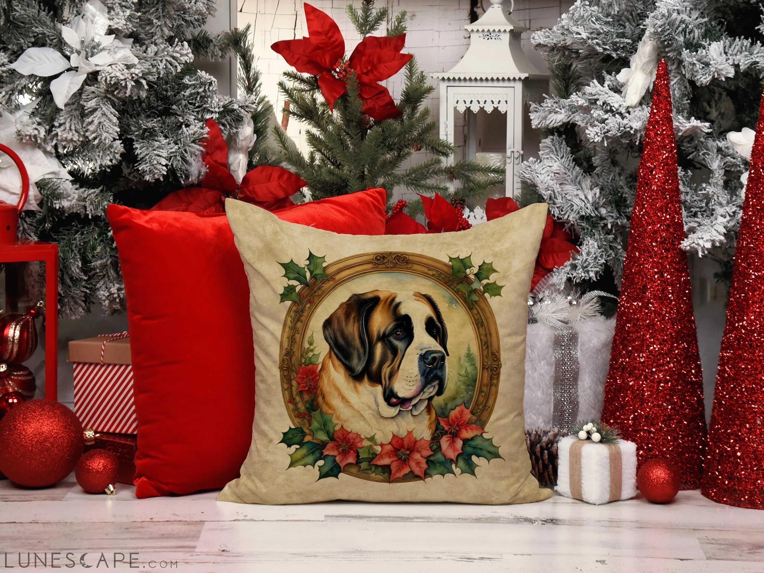 Saint Bernard Christmas Flowers Throw Pillow LUNESCAPE