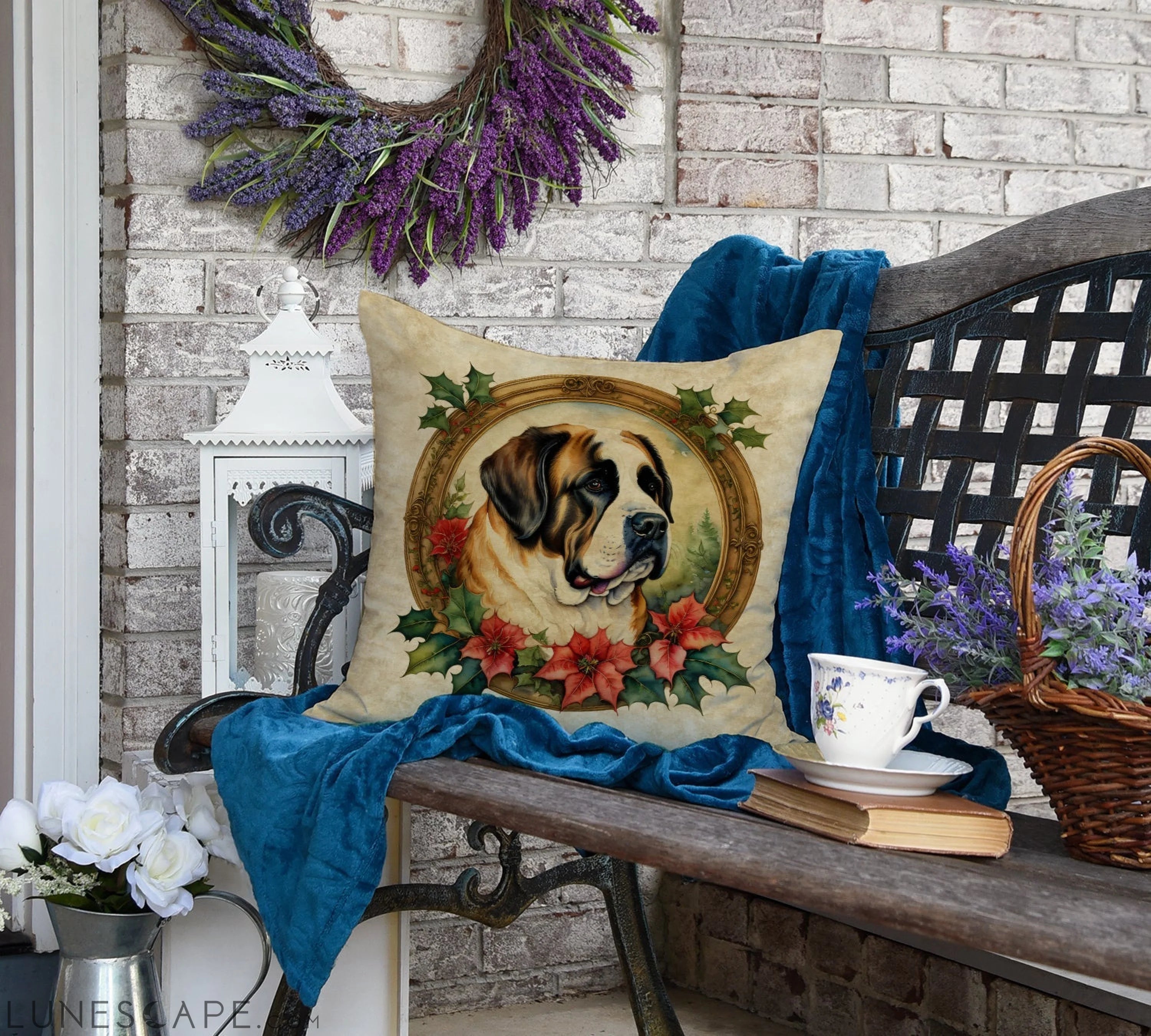 Saint Bernard Christmas Flowers Throw Pillow LUNESCAPE