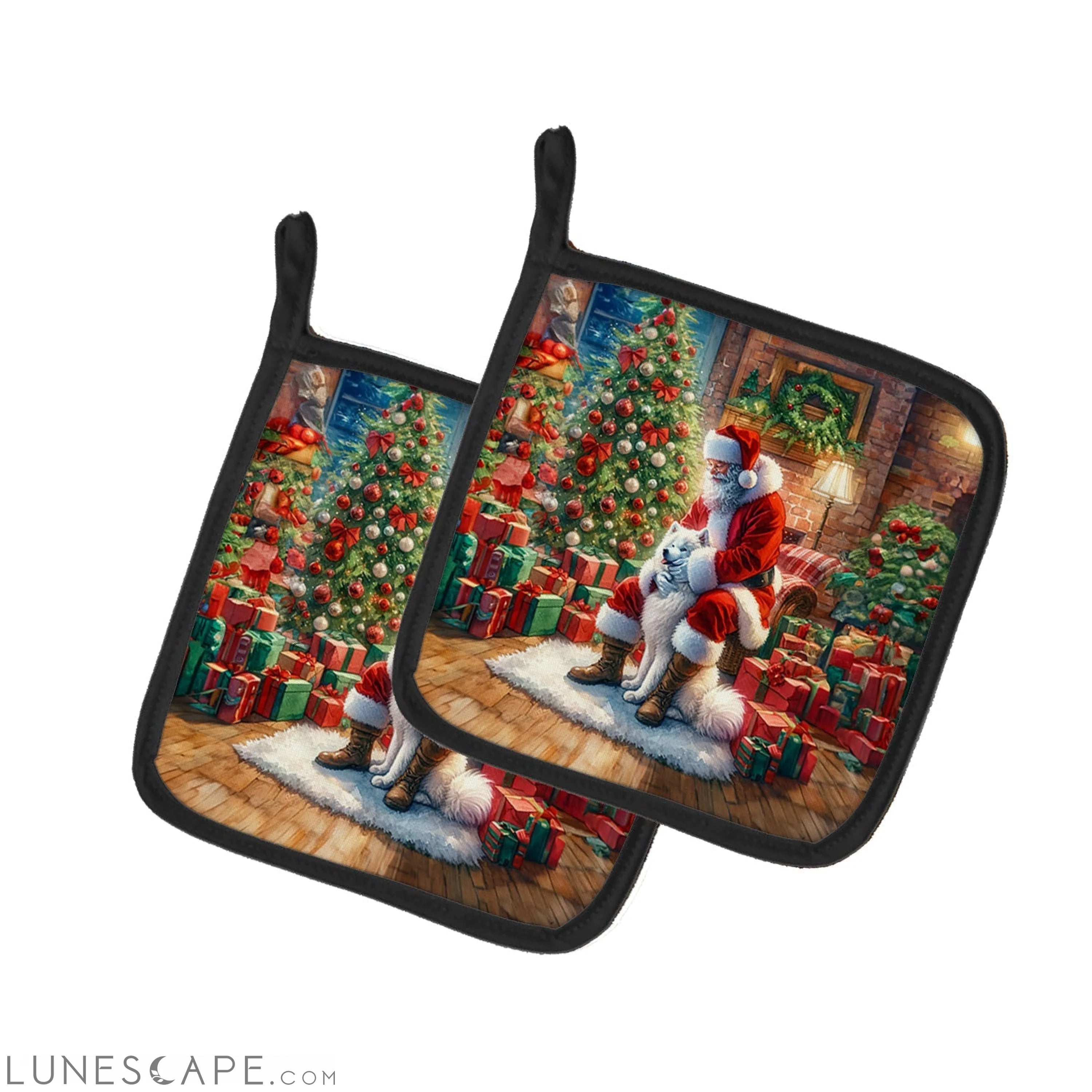 Samoyed and Santa Claus Pair of Pot Holders LUNESCAPE