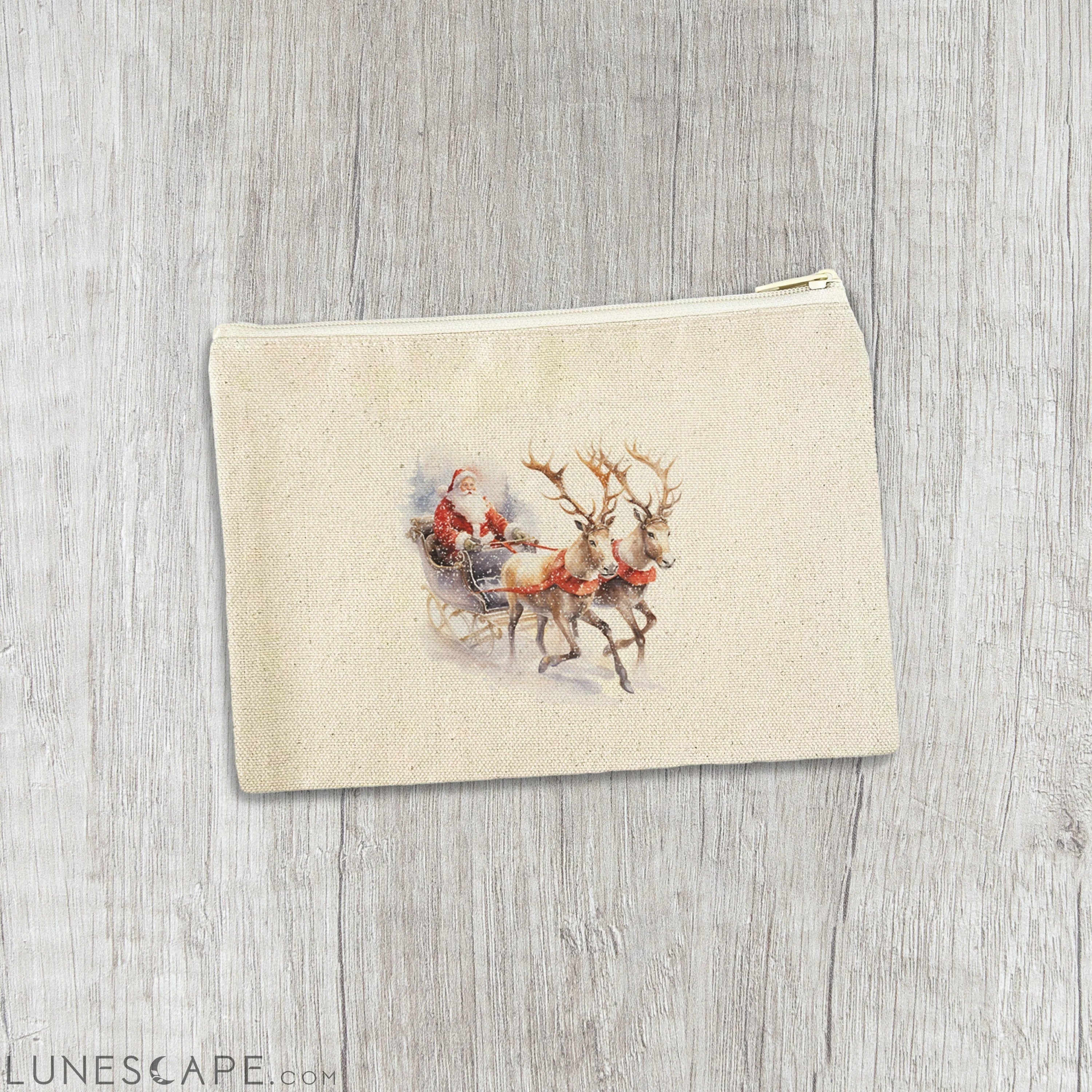 Santa and Reindeer Sleigh - Canvas Zipper Pouch LUNESCAPE