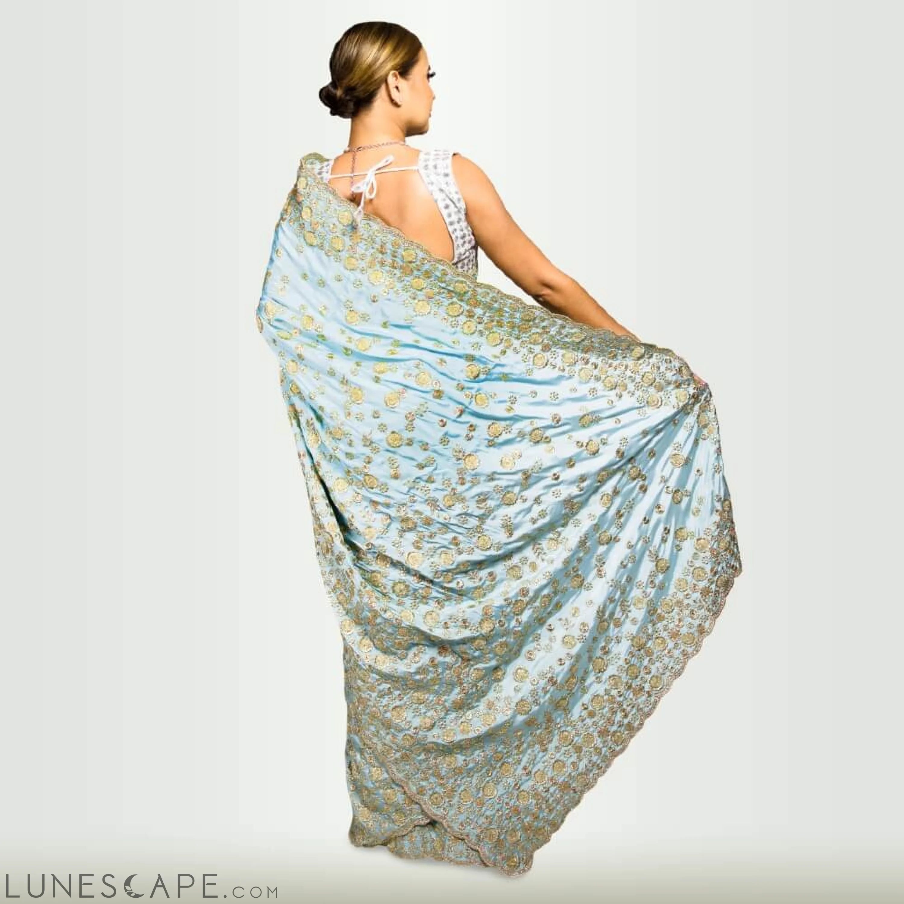 Satin Silk Saree With Beadwork Embroidery - Sky Blue LUNESCAPE