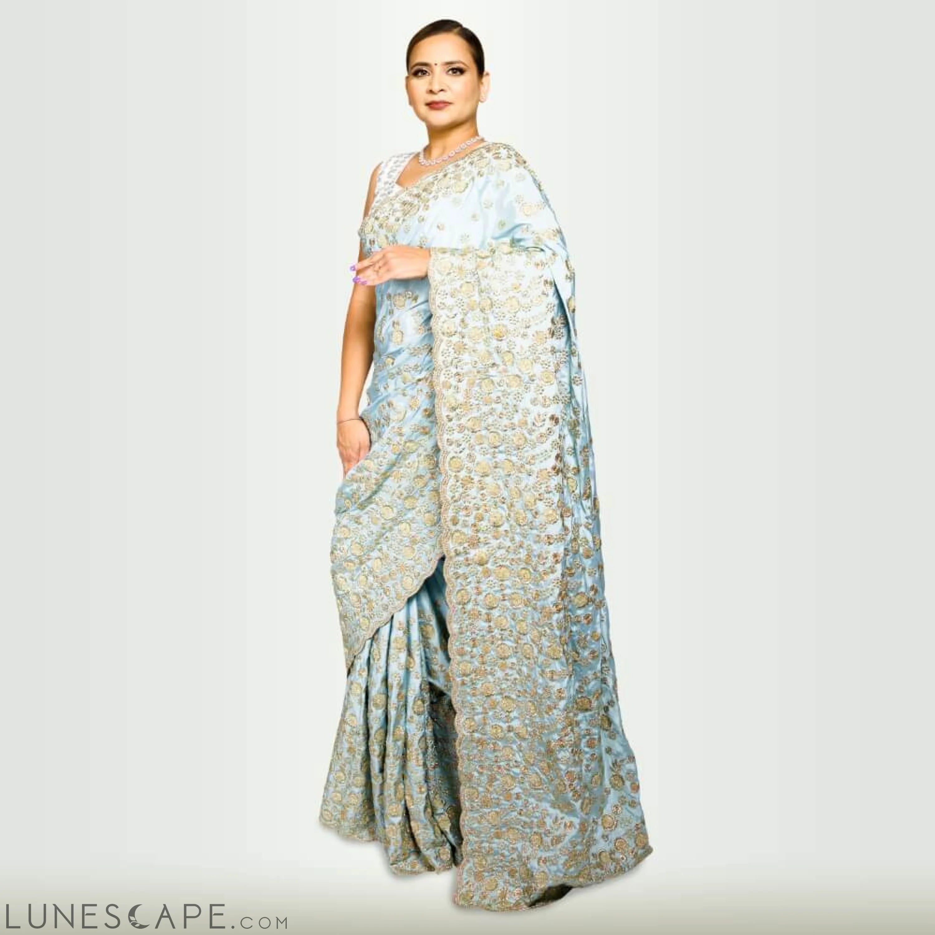 Satin Silk Saree With Beadwork Embroidery - Sky Blue LUNESCAPE