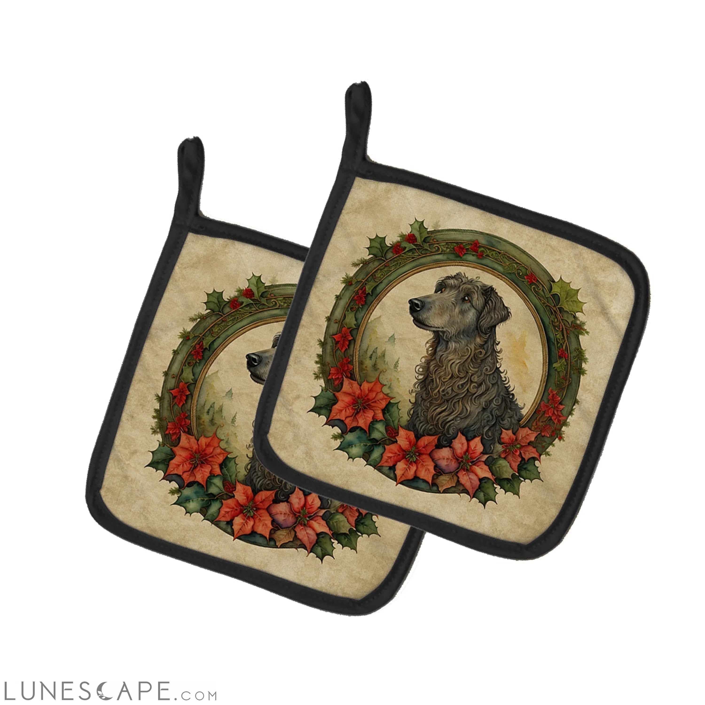 Scottish Deerhound Christmas Flowers Pair of Pot Holders LUNESCAPE