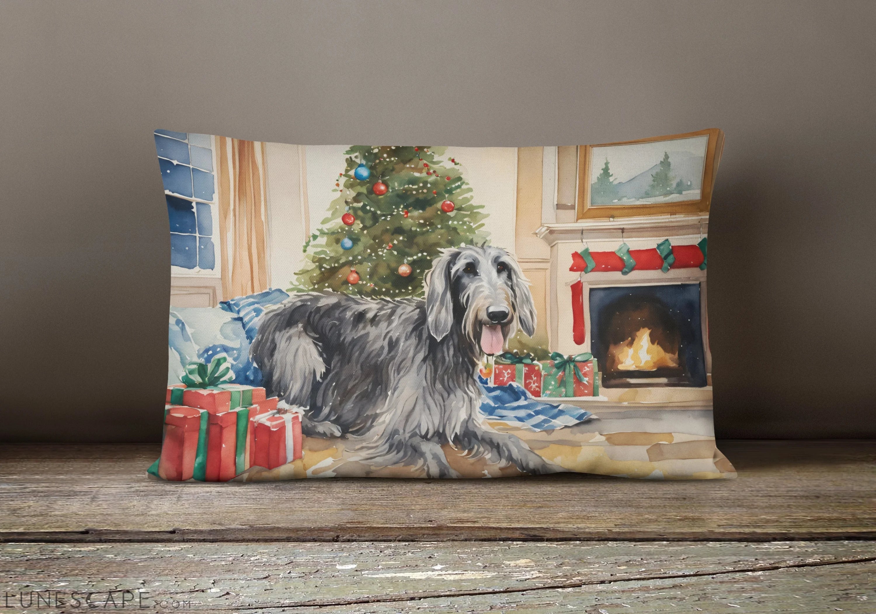 Scottish Deerhound Cozy Christmas Throw Pillow LUNESCAPE