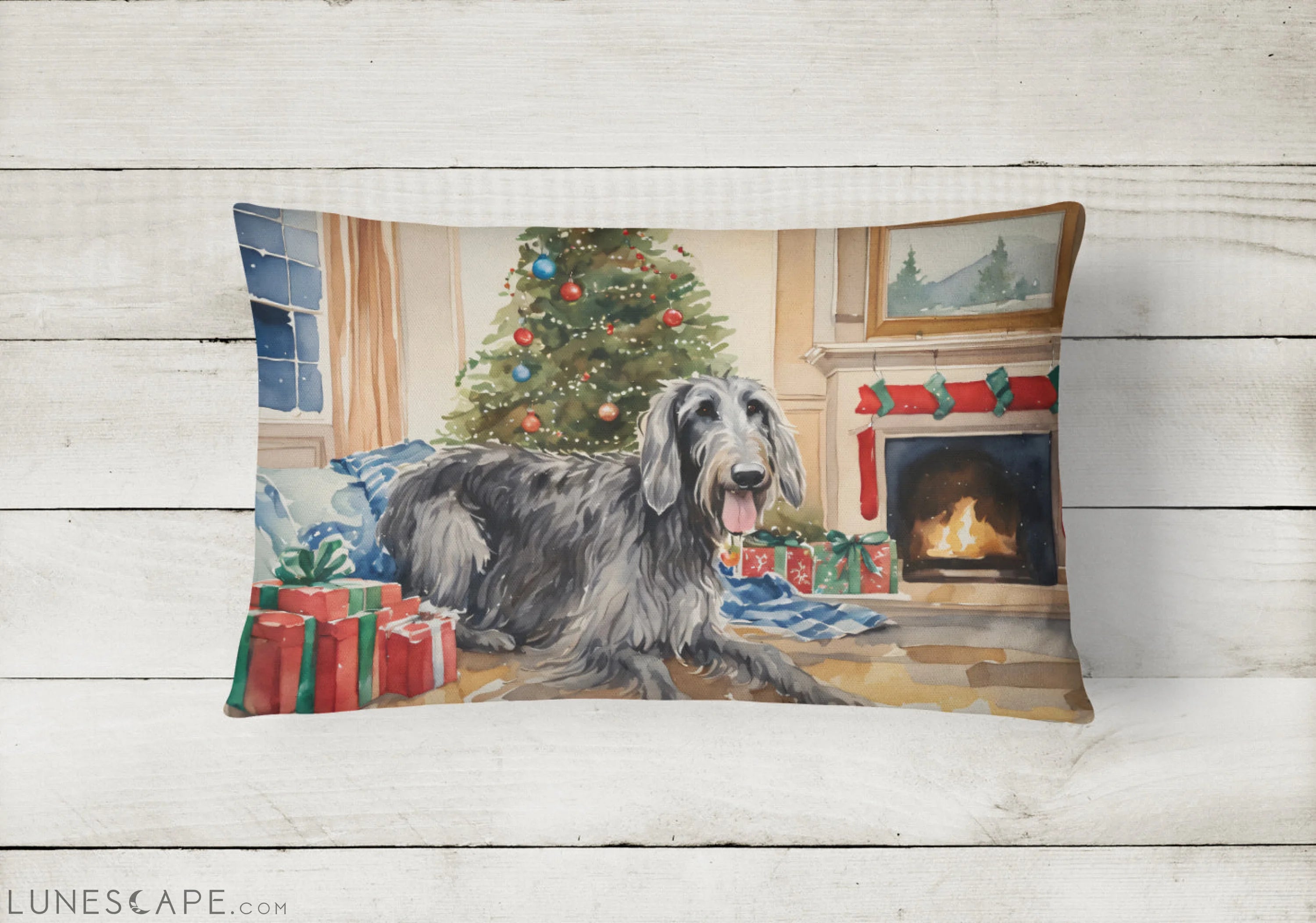 Scottish Deerhound Cozy Christmas Throw Pillow LUNESCAPE