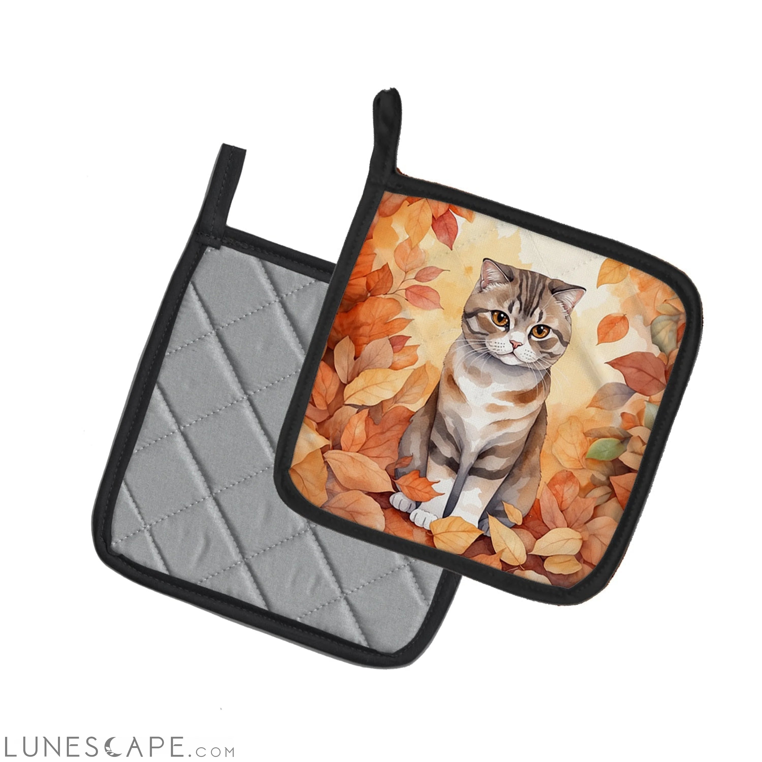 Scottish Fold Cat in Fall Leaves Pair of Pot Holders LUNESCAPE