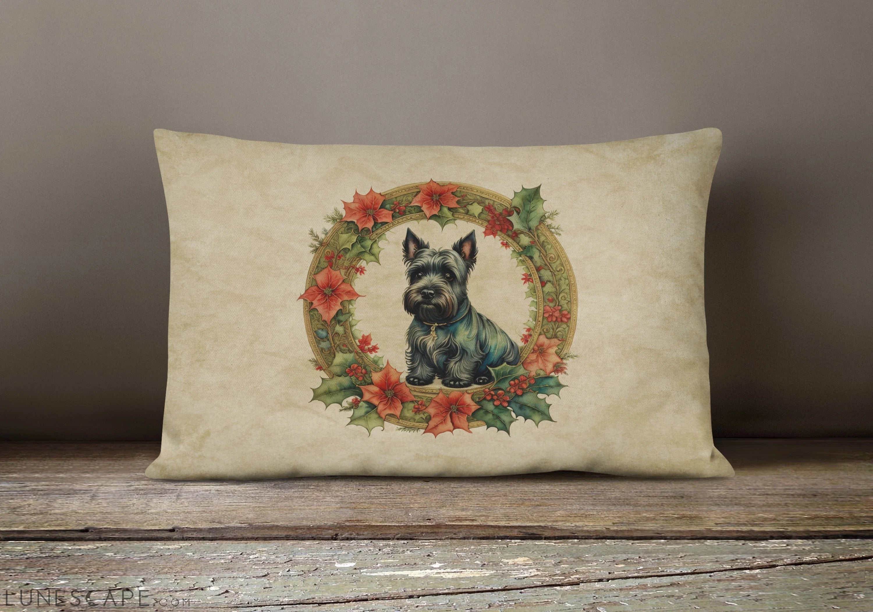 Scottish Terrier Christmas Flowers Throw Pillow LUNESCAPE