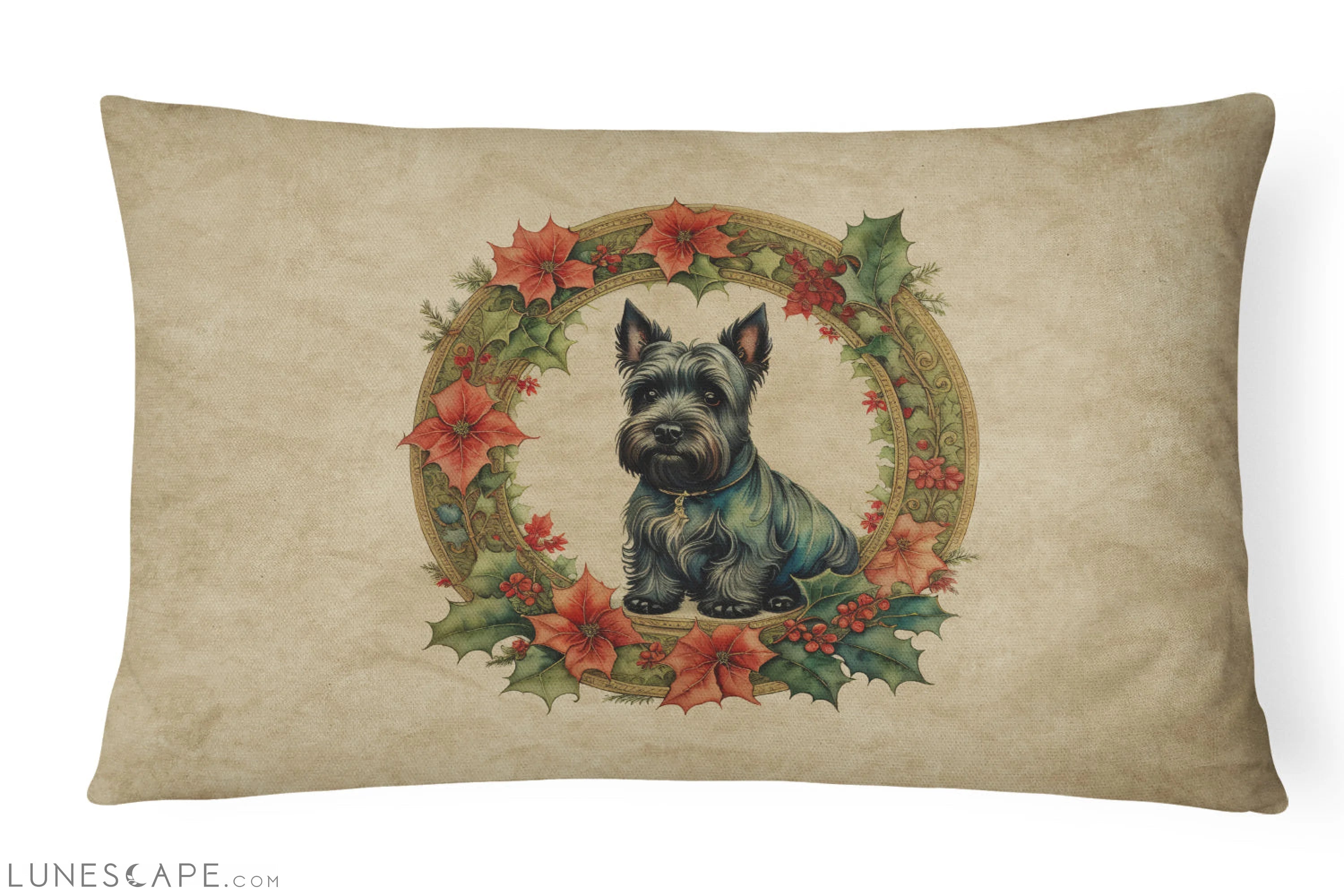 Scottish Terrier Christmas Flowers Throw Pillow LUNESCAPE