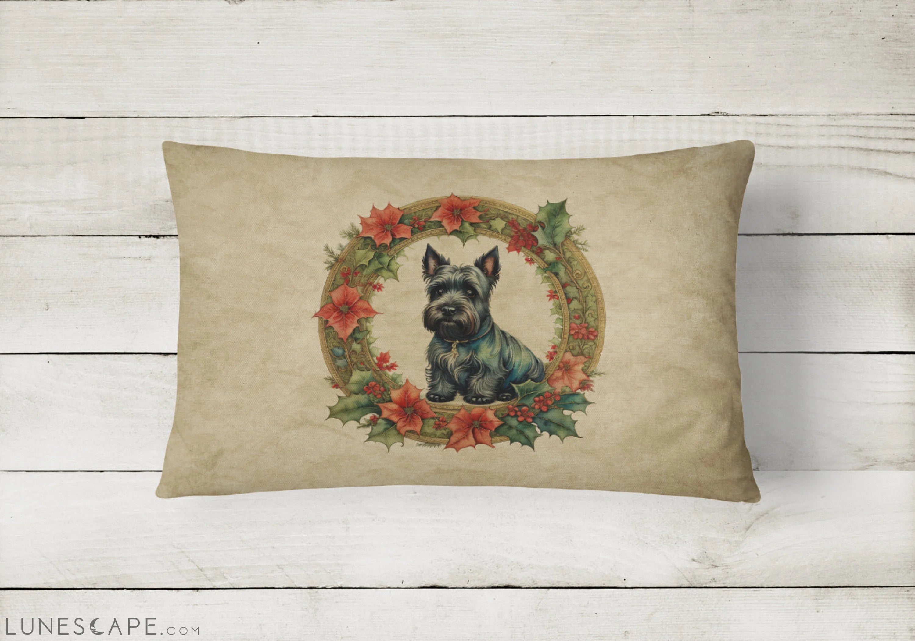 Scottish Terrier Christmas Flowers Throw Pillow LUNESCAPE