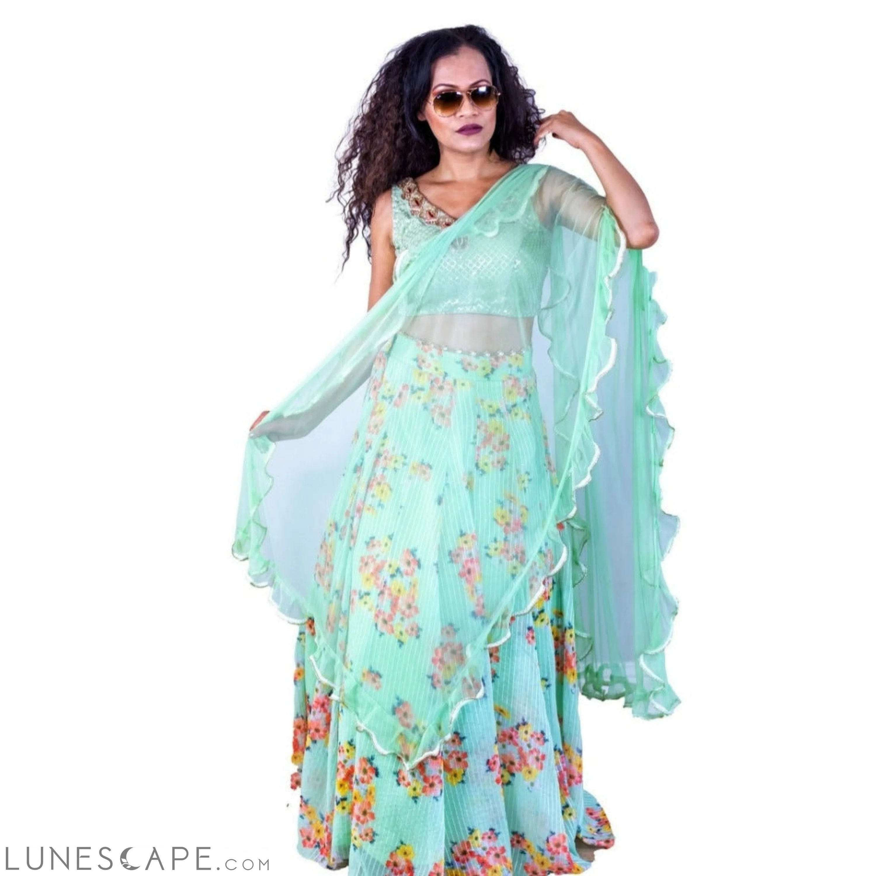 Sea Green Floral Design Lehenga Set LUNESCAPE