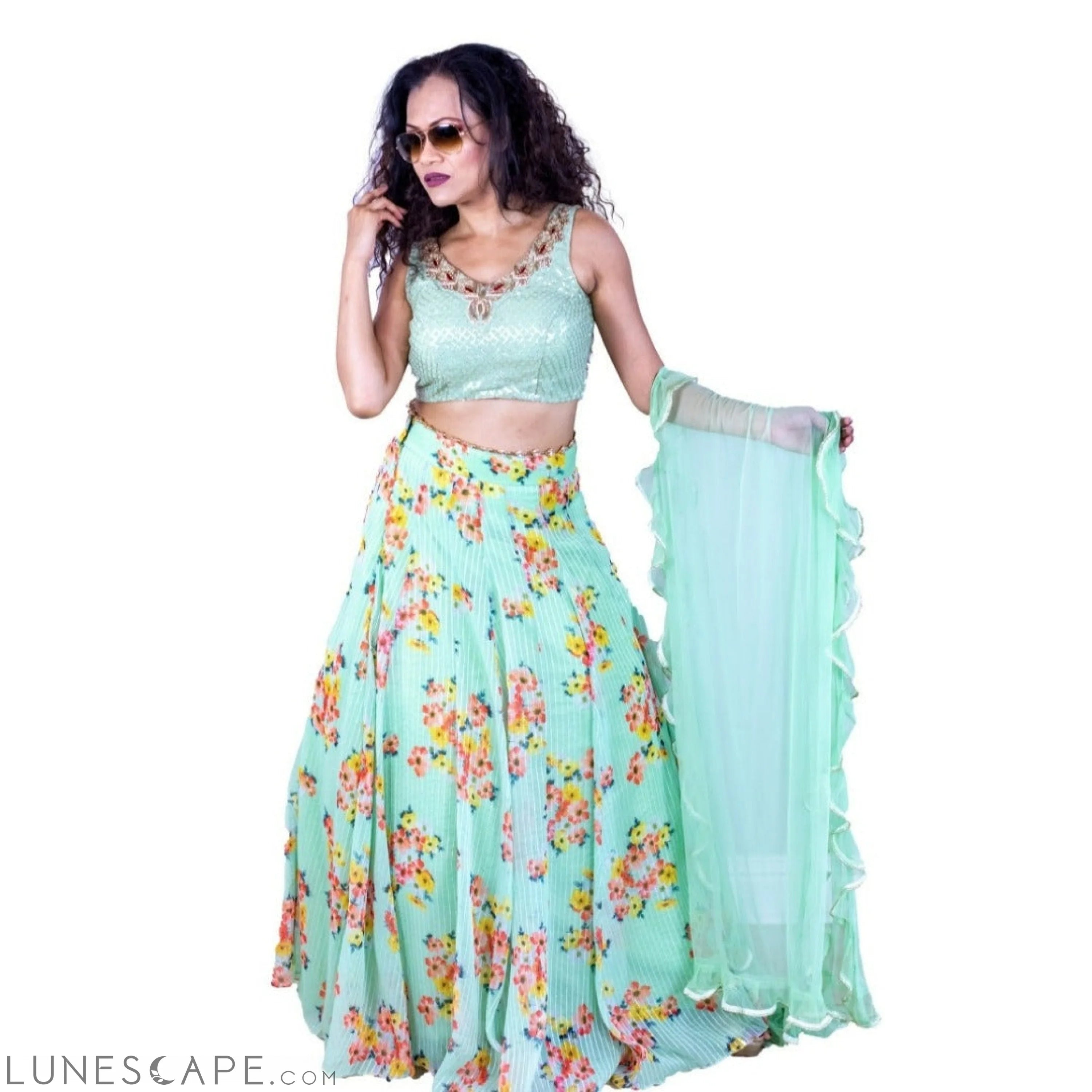 Sea Green Floral Design Lehenga Set LUNESCAPE