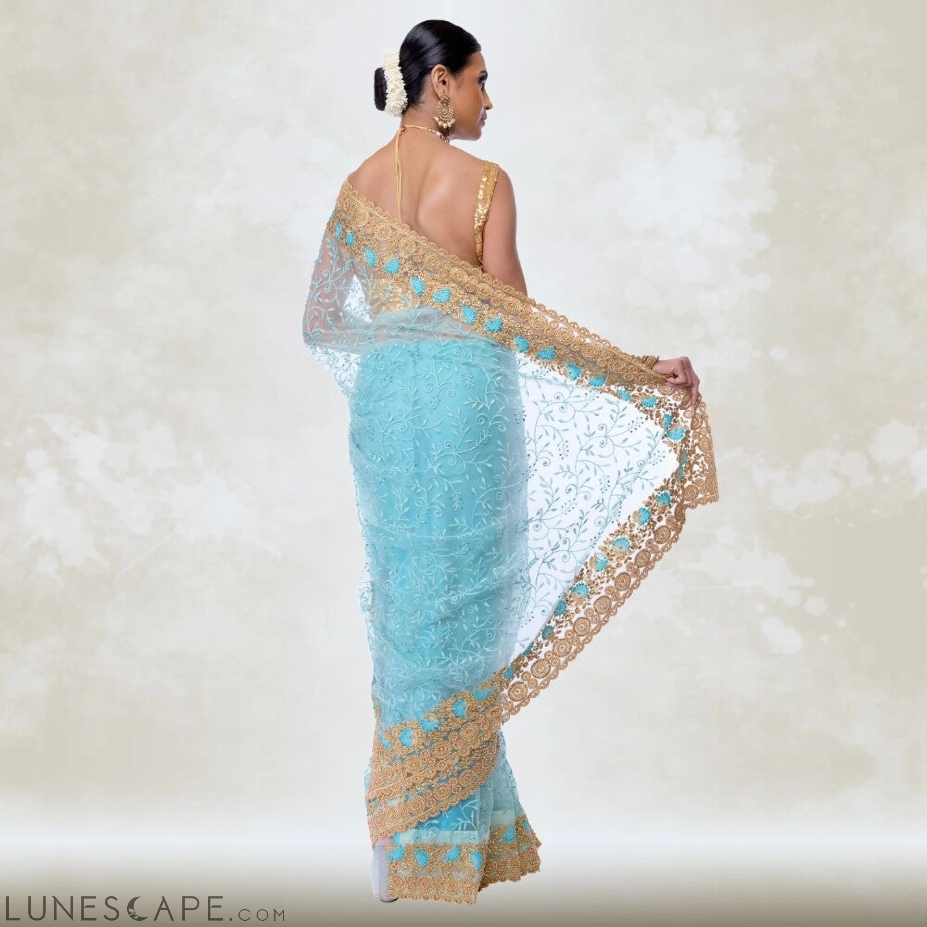 Sea Green Pure Net Saree With Heavy Gold Embroidery LUNESCAPE