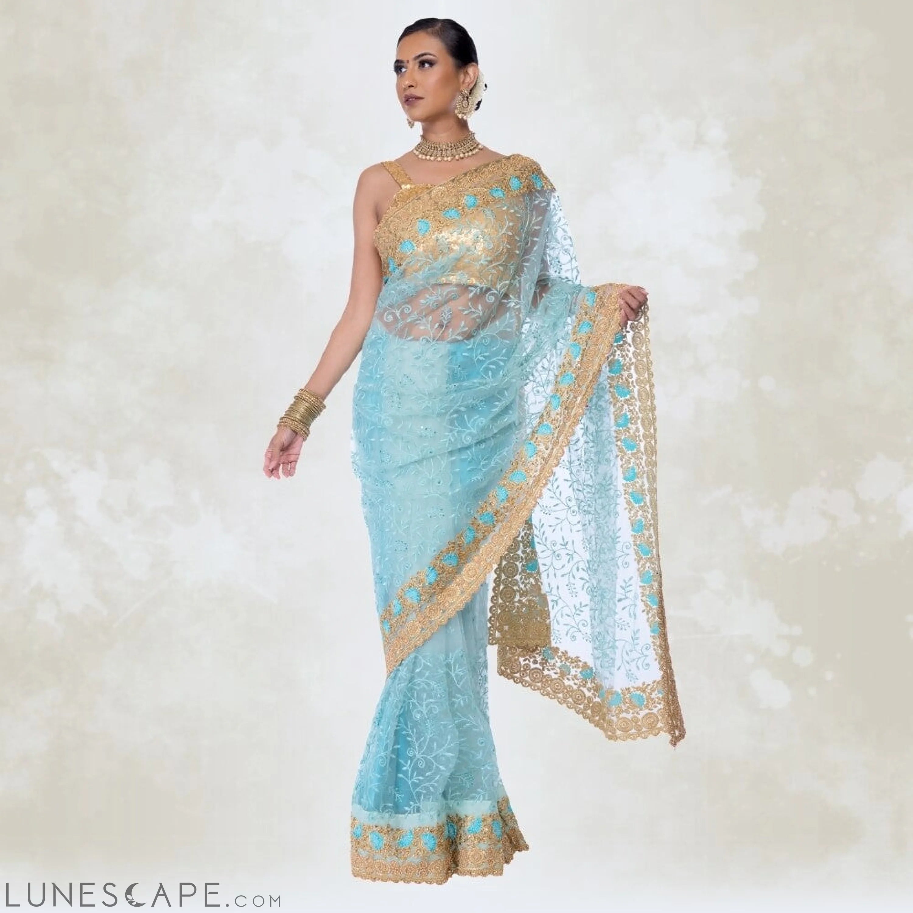 Sea Green Pure Net Saree With Heavy Gold Embroidery LUNESCAPE